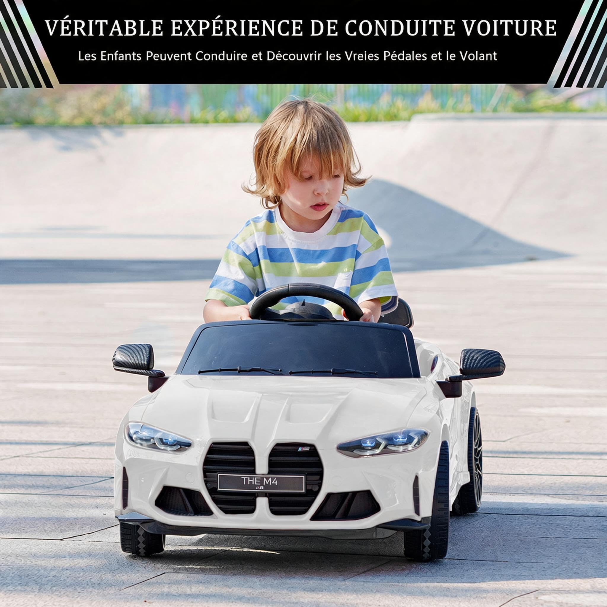Voiture Électrique Enfant avec Télécommande Parentale, Véhicule Électrique avec Klaxon, Musique Et LED, Vitess 3-5 Km/h, Charge 30 kg, pour Enfants 3+ Ans, Blanc