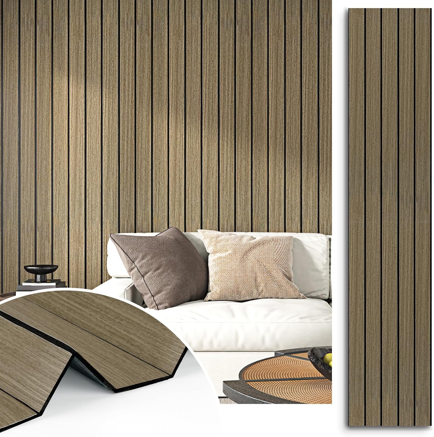 Vintage Brown Wood Slat Wall Panel Peel and Stick Acoustic Wall Panels for Bedroom Soundproof 3D Textured Wood Grain Slat Wallpaper Removable Foam Paneling for Living Room Ceiling 23.6"x118"