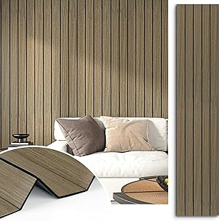 Vintage Brown Wood Slat Wall Panel Peel and Stick Acoustic Wall Panels for Bedroom Soundproof 3D Textured Wood Grain Slat Wallpaper Removable Foam Paneling for Living Room Ceiling 23.6"x120"