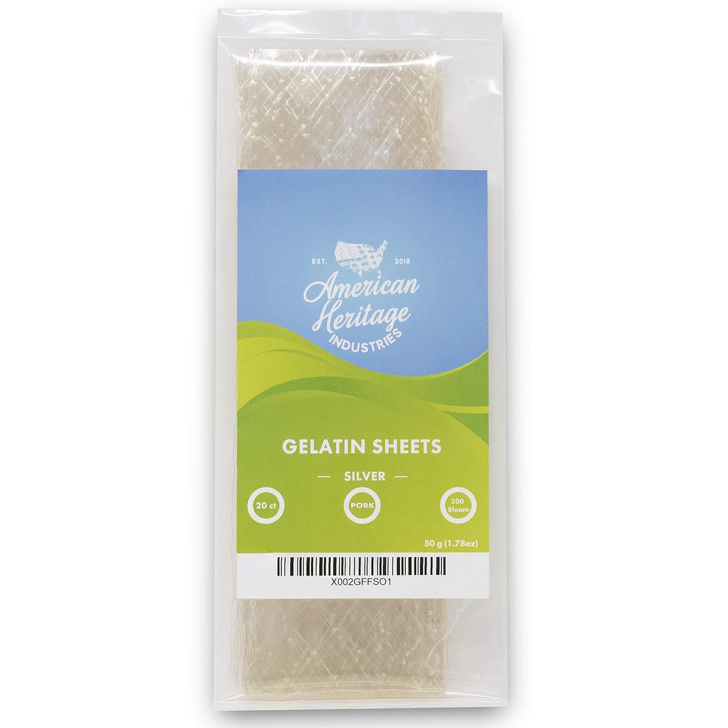 Silver Leaf Gelatin Sheets- 180 Bloom Pork Gelatin Sheets, 2.5g pack of 20, by American Heritage Industries
