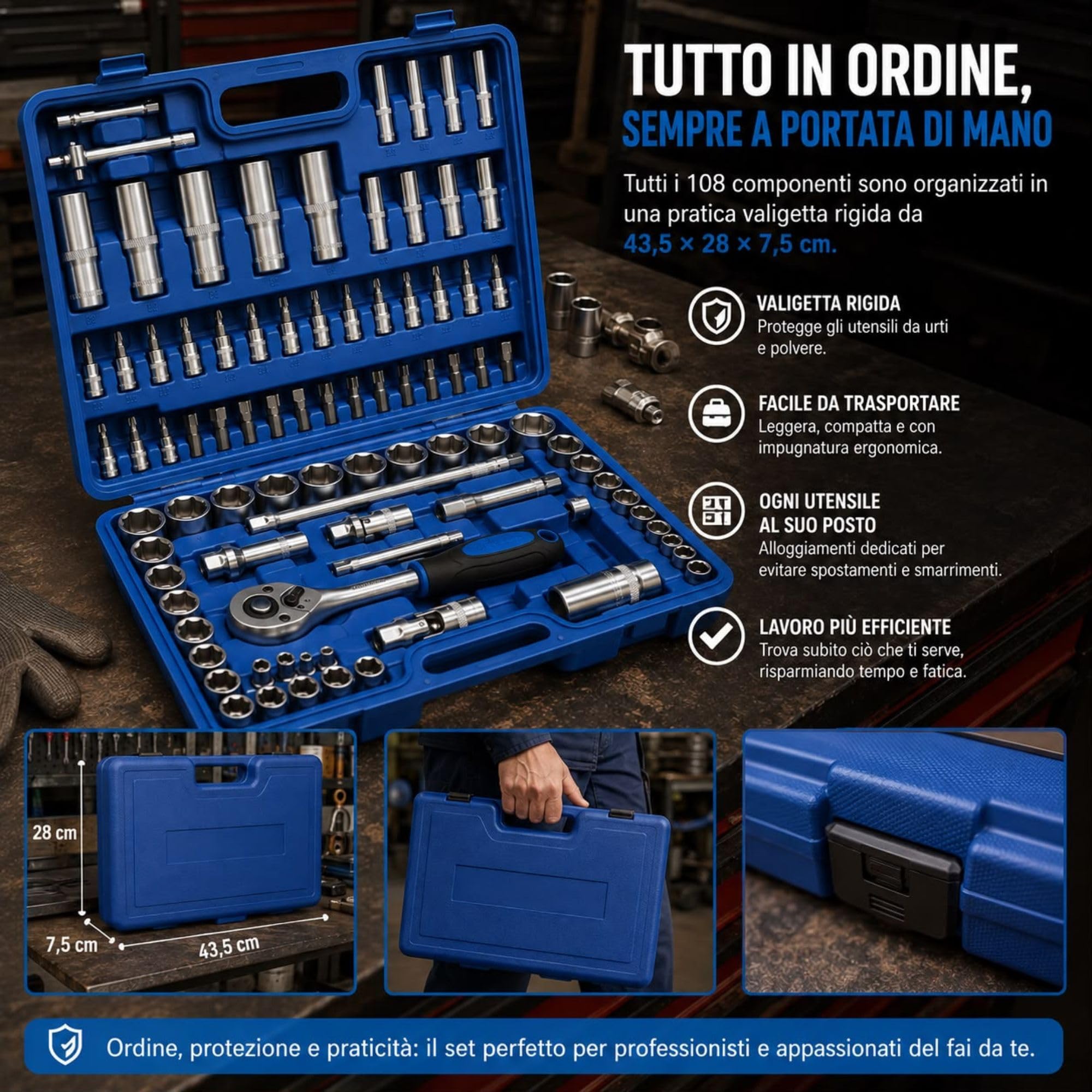 108 Pezzi CR-V 1/2" e 1/4" Chiavi a Cricchetto PROFESSIONALI con Valigetta