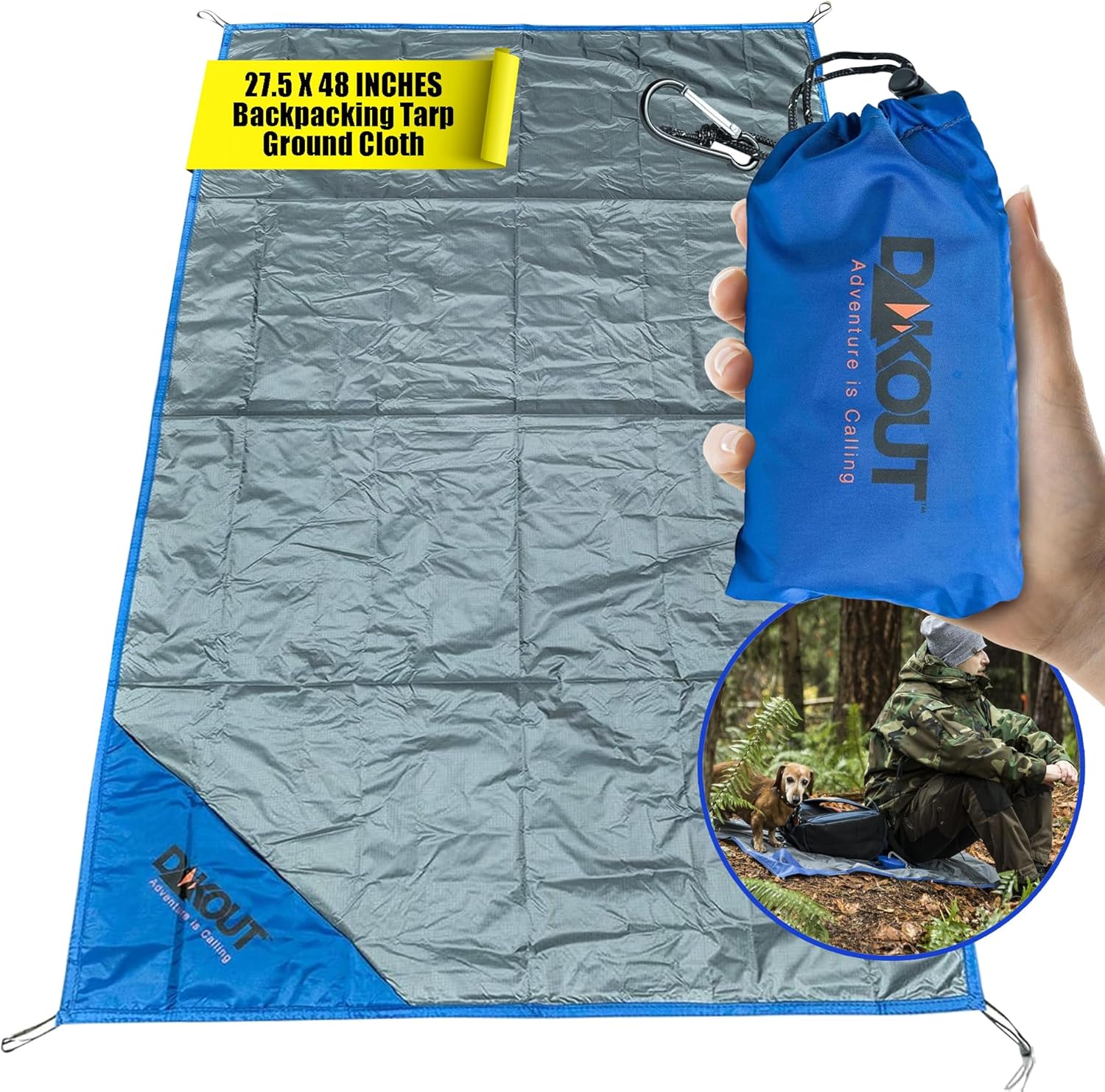 Ultralight Backpacking Tarp Ground Cloth 2.7 oz Waterproof Mini Pocket Blanket 27.5 x 48 Inches Compact Packable Groundsheet Hiking Gear for Two Pouch and Carabiner by DAKOUT Gear Ultralight Backpacking Tarp Ground Cloth 2.7 oz Waterproof Mini Pocket Blanket 27.5 x 48 Inches Compact Packable Groundsheet Hiking Gear for Two Pouch and Carabiner by DAKOUT Gear