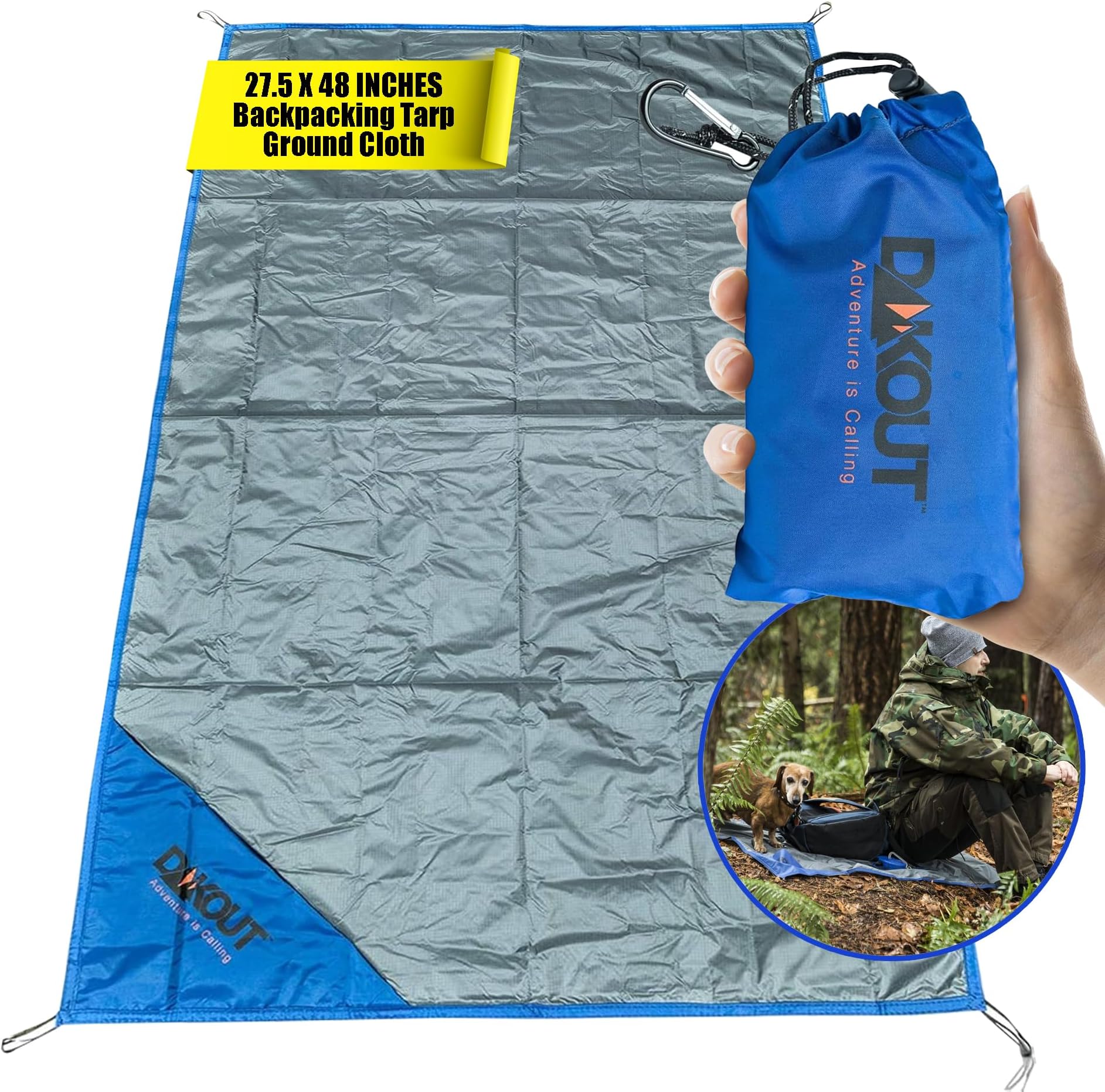 Ultralight Backpacking Tarp Ground Cloth 2.7 oz Waterproof Mini Pocket Blanket 27.5 x 48 Inches Compact Packable Groundsheet Hiking Gear for Two Pouch and Carabiner by DAKOUT Gear