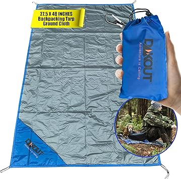 Ultralight Backpacking Tarp Ground Cloth 2.7 oz Waterproof Mini Pocket Blanket 27.5 x 48 Inches Compact Packable Groundsheet Hiking Gear for Two Pouch and Carabiner by DAKOUT Gear