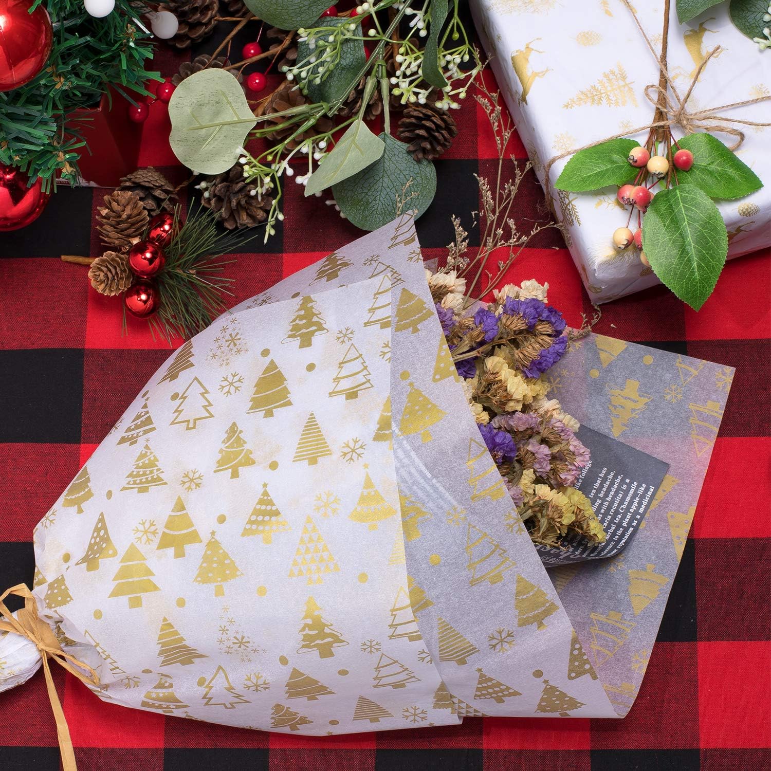 Whaline 120 Sheets Christmas Gift Tissue Wrap Paper Xmas Tree Reindeer Snowflake Gold Design for Holiday Wrapping Paper DIY and Craft, 14" x 20