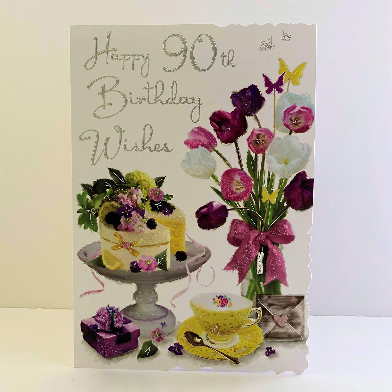 Jonny Javelin Female Age 90 90th Birthday Wishes to You Card - Cake Flowers Tea Cup, yellow, 157 x 235 mm