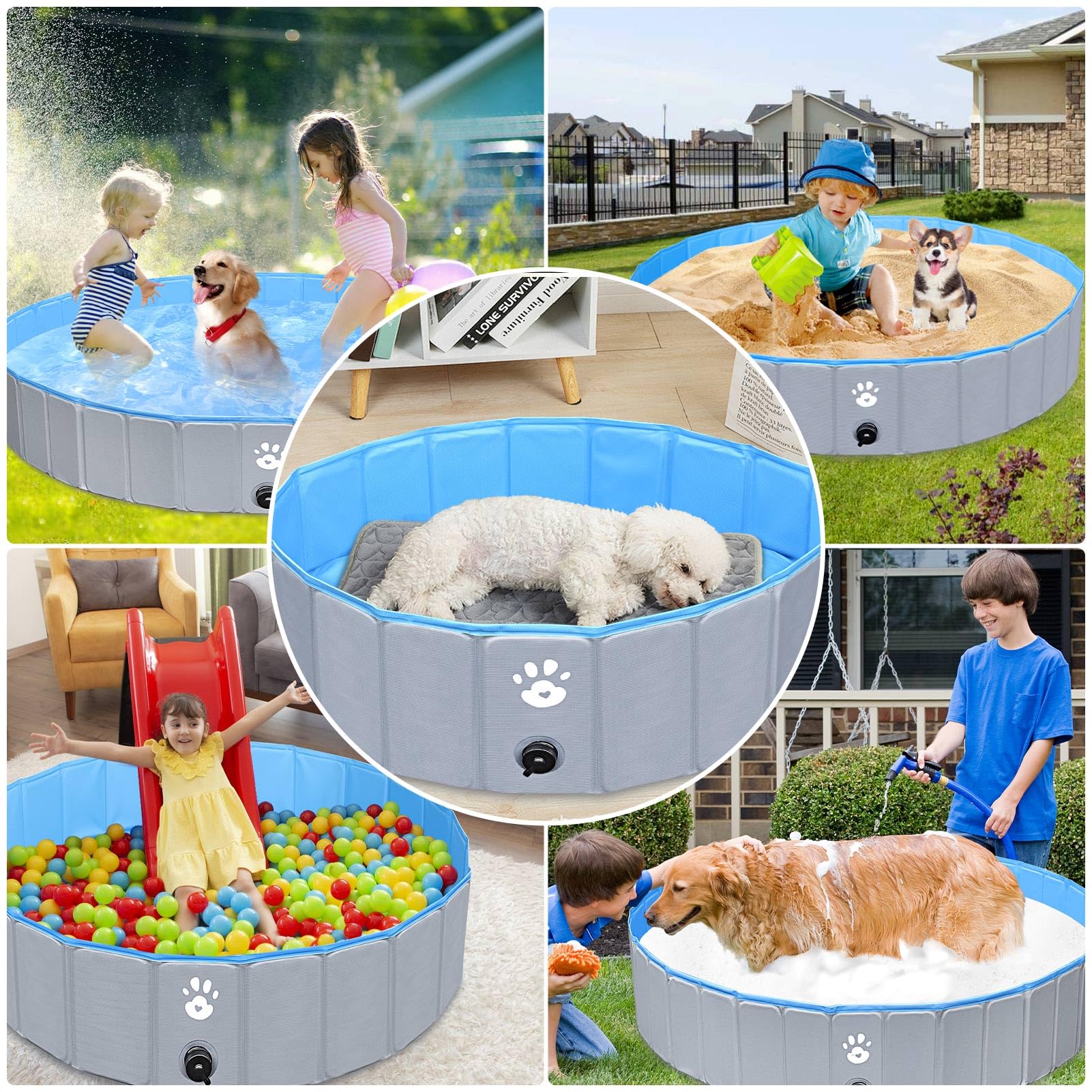 Gindoly piscina per cani Pieghevole,piscina per cani grandi&piccola,piscina per bambini da esterno,PVC robusto e resistente, antiscivolo,Rotondo, Grigio-140 * 30cm