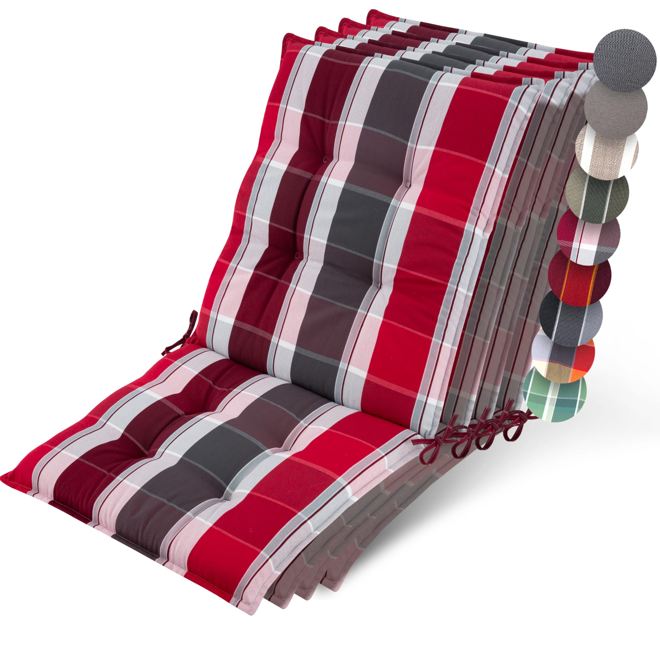 Beautissu Set of 4 Premium Outdoor Chair Cushion Low Back 100x50 cm - UV 8 cm Thick Padding Seat Cushions for Garden Chairs Non-Slip Fastening Straps - Red Anthracite - Sun-HL