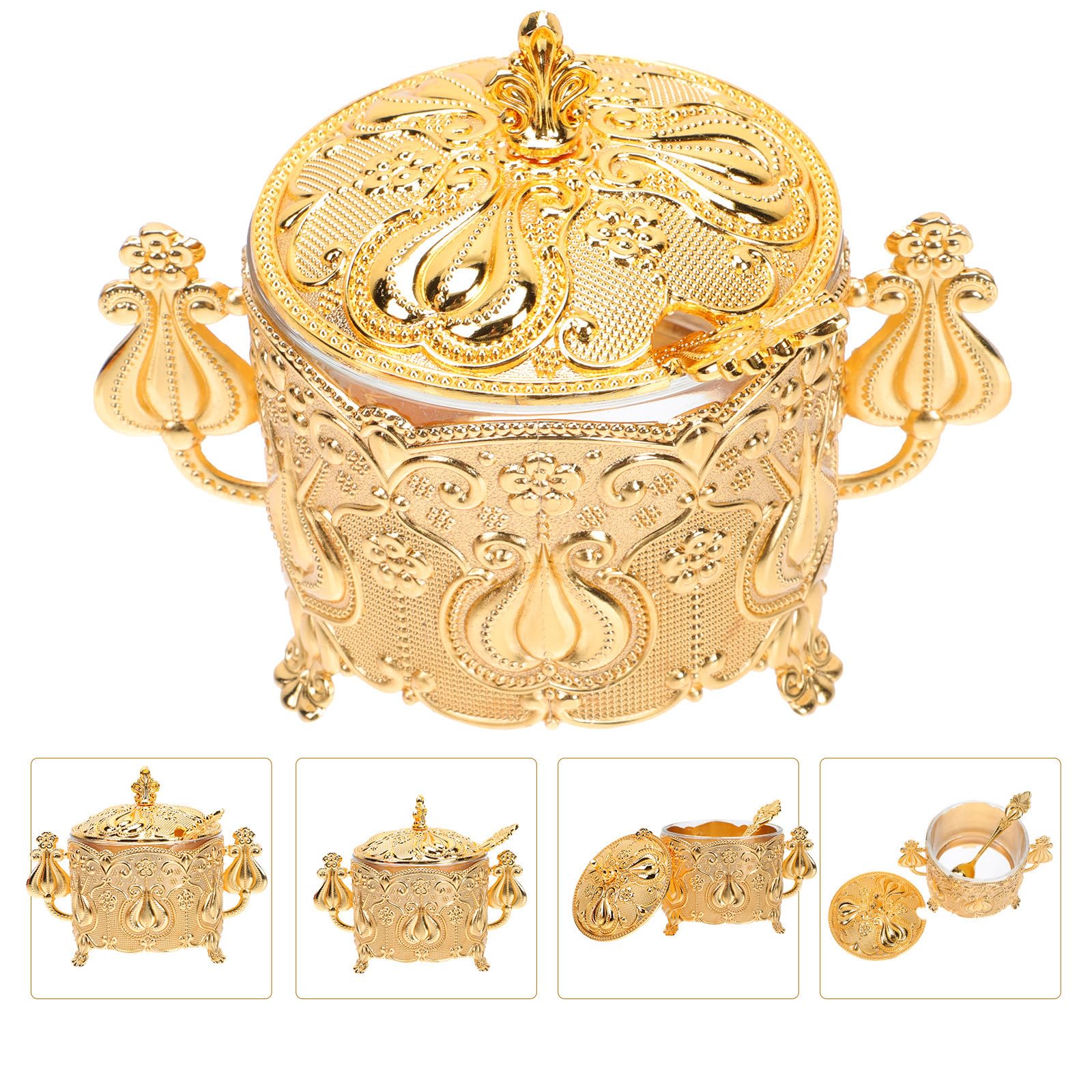 Toyvian Sucrier de Style Européen Pot à Sucre Élégant en Fer et Verre avec Cuillère 1 Set Design Créatif en Or Cuisine et Salle à Manger