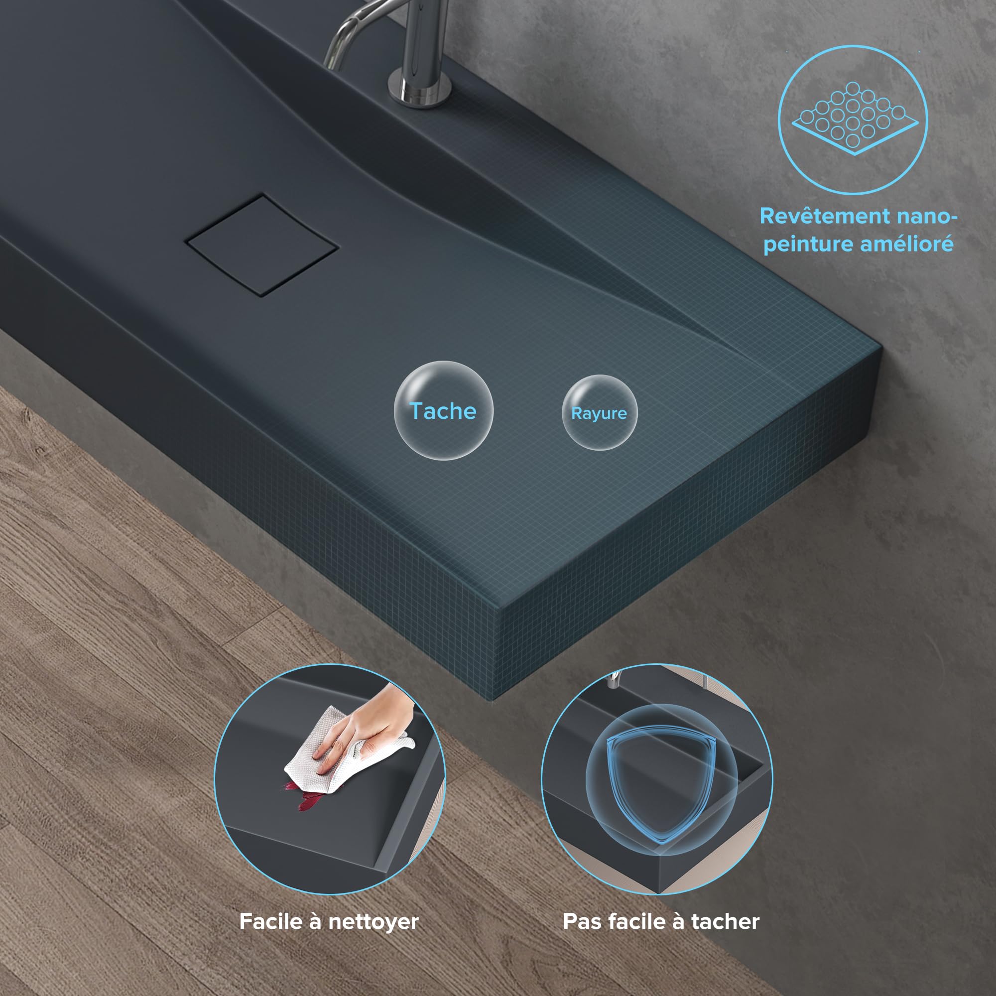 doporro Vasque à Poser 60cm avec Bonde Lavabo Suspendu Gris Noir Mat Colossum810 Fonte Minérale Solid Surface 60x48x12cm