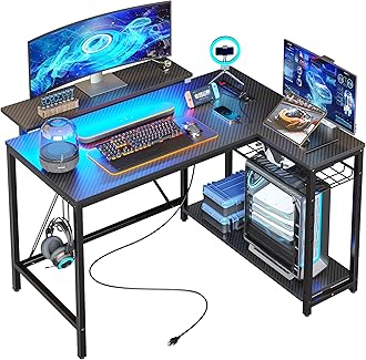 BestierSmall Gaming Desk with Power Outlets,42 L Shaped LED Computer Desk with Reversible Shelves,Corner Gamer Desk with Hooks USB Charging Port,Carbon Fiber Black