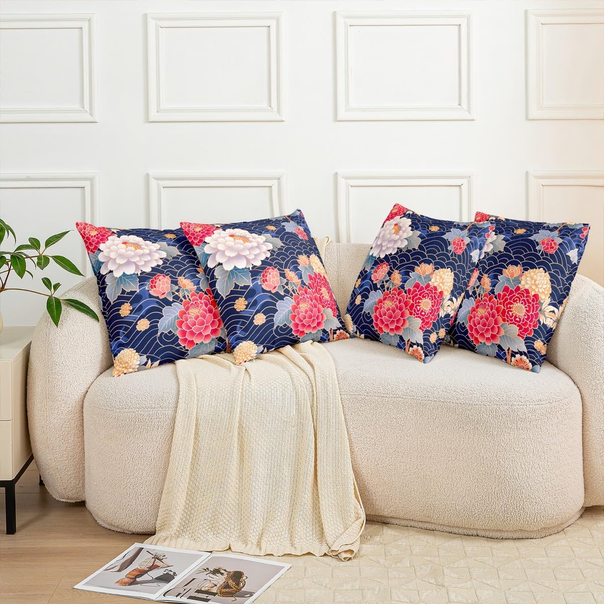 Japanese Style Throw Pillow Covers,Chrysanthemum Pillow Cases,Kids Girls Woman Adutl Abstract Sea Waves Cushion Cover Retro Traditional Art Office Chair Sofa Bed Decor,16" Lx16 W image 5