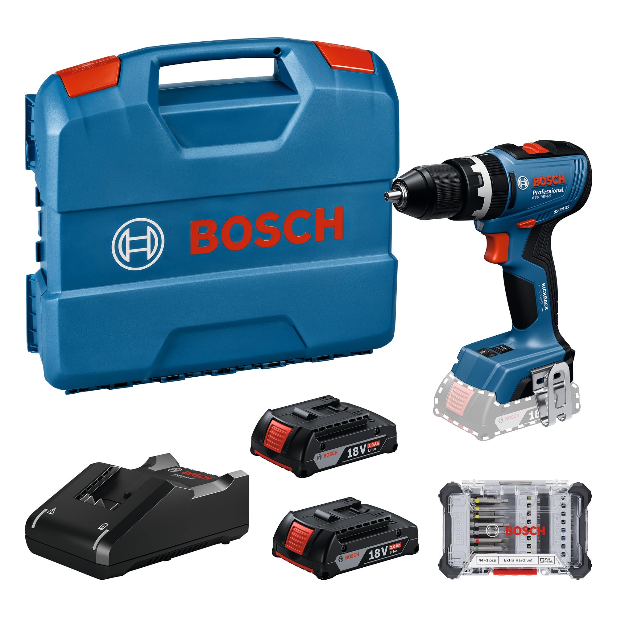Bosch Professional 18V System Trapano-avvitatore a batteria GSB 18V-65 (incl. 2 batterie GBA 2.0Ah, caricabatteria GAL 18V-40, 1 set avvitatori CA, L-Case)
