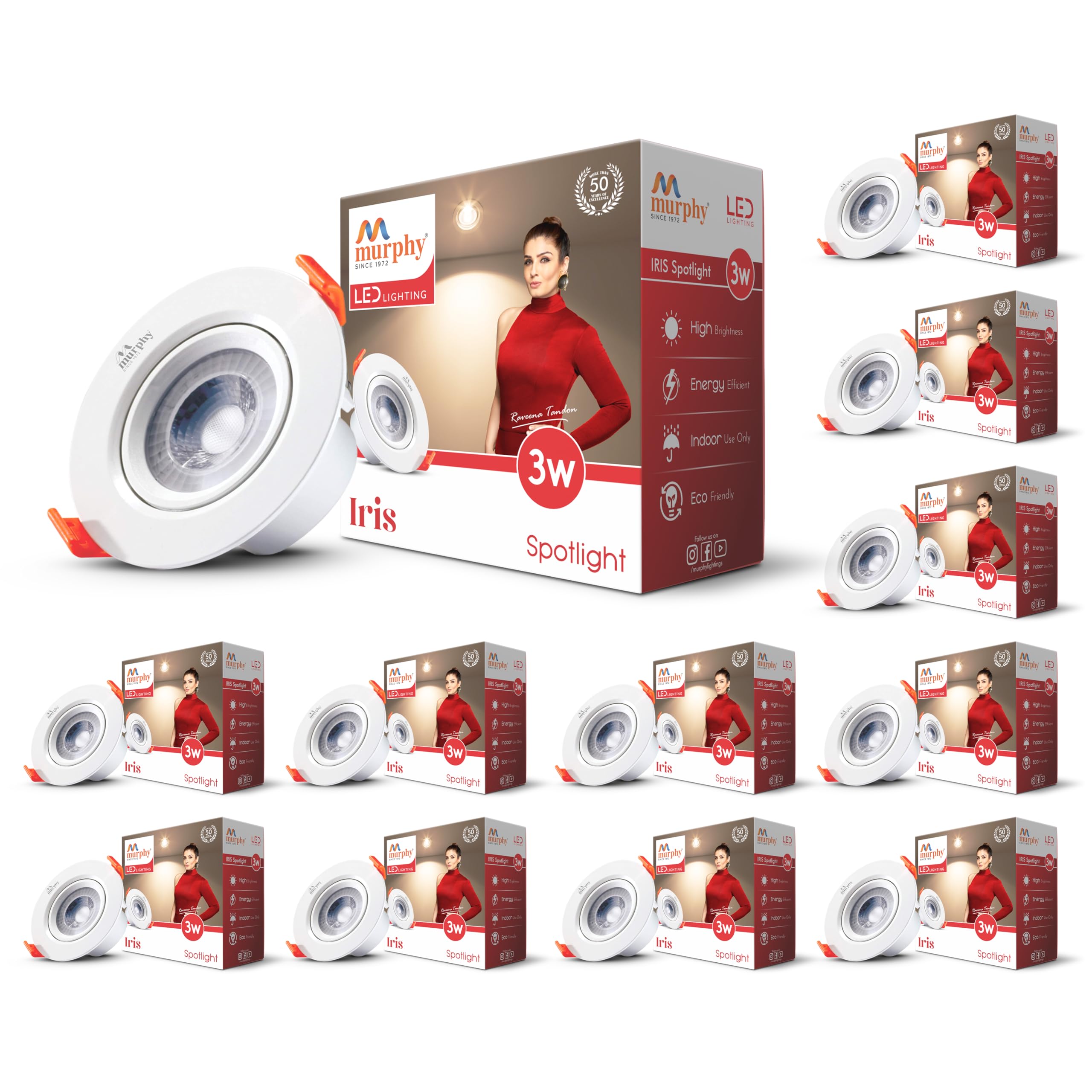 Murphy Polycarbonate 3W Iris LED Adjustable Spot Downlight | Warm White Pack of 12 Focus Light, Ceiling Spotlight for Deep Junction Box, Ideal for Accent & Display Lighting (2-Year Warranty)