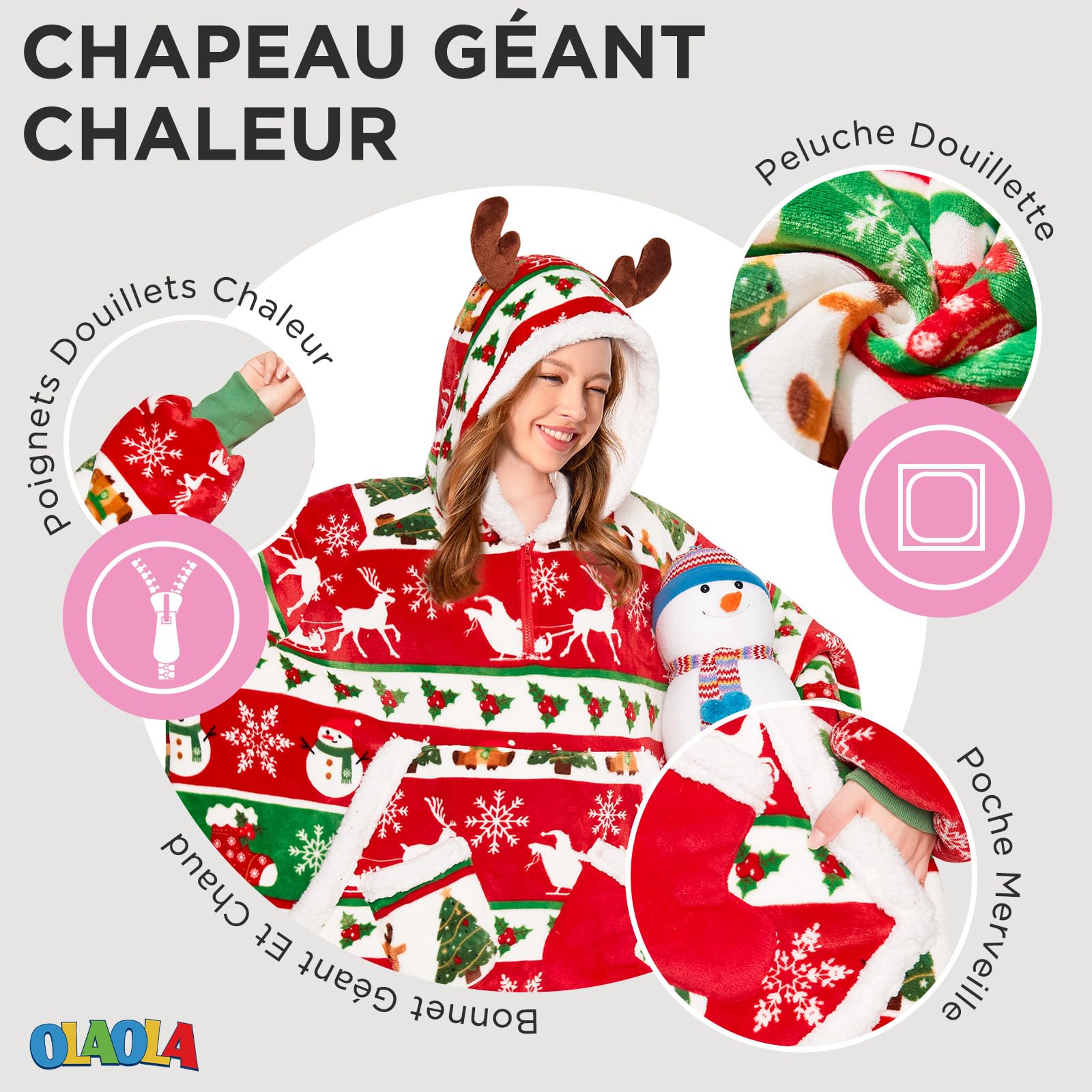 OLAOLA Unisexe Sweat à Capuche Couverture Surdimensionnée pour Adultes, Pull Plaid à Capuche en Polaire Sherpa avec Manches et Poches, Sweat Plaid Doux et Chaud pour Femme Homme