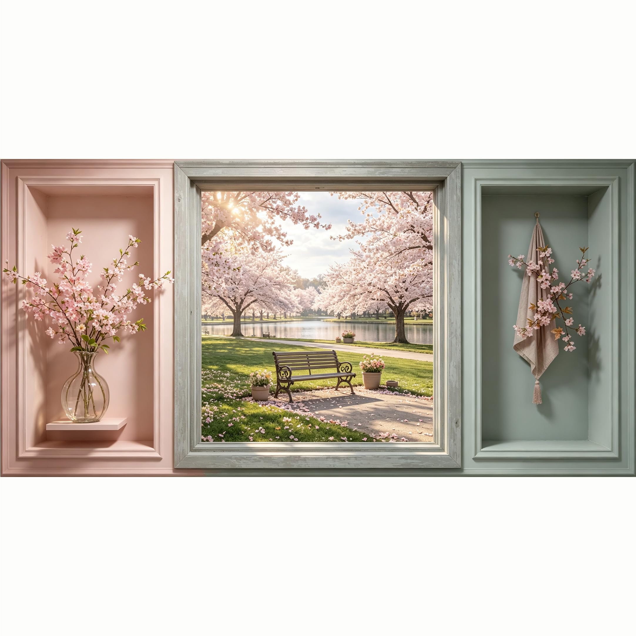 QZLITHOTIC 50x100cm 3D Framed Wall Art， Cherry Blossom Landscape Park View Self‑Adhesive Mural， Water‑Activated Peel & Stick Fabric Decor Wall Decal for Bedroom Living Room