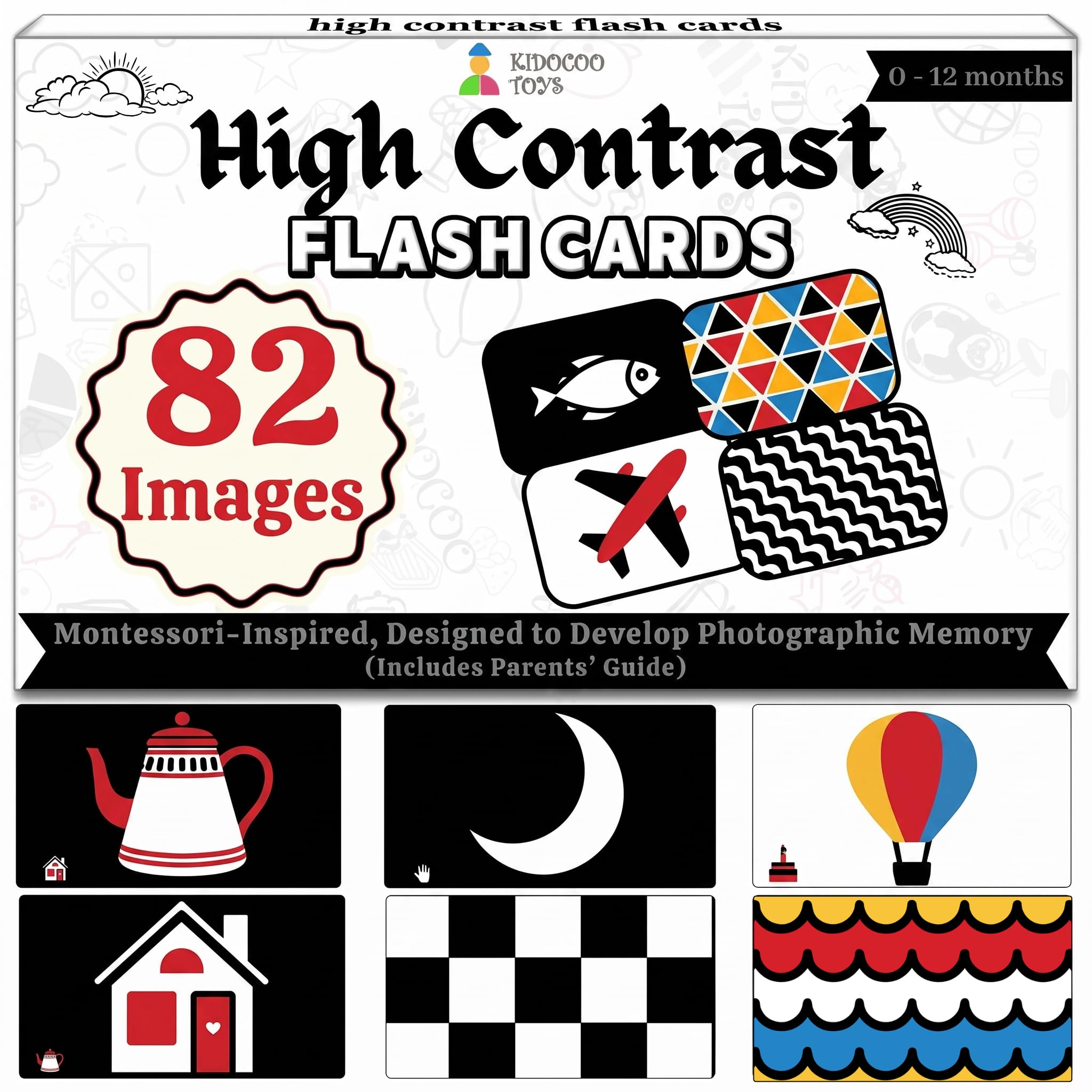 Kidocoo High Contrast Flash Cards for Babies 0-12 Months | 82 Images (54 Black & White + 28 Colored) | Montessori-Inspired Visual Stimulation Cards | Helps Build Focus & Photographic Memory-image-20