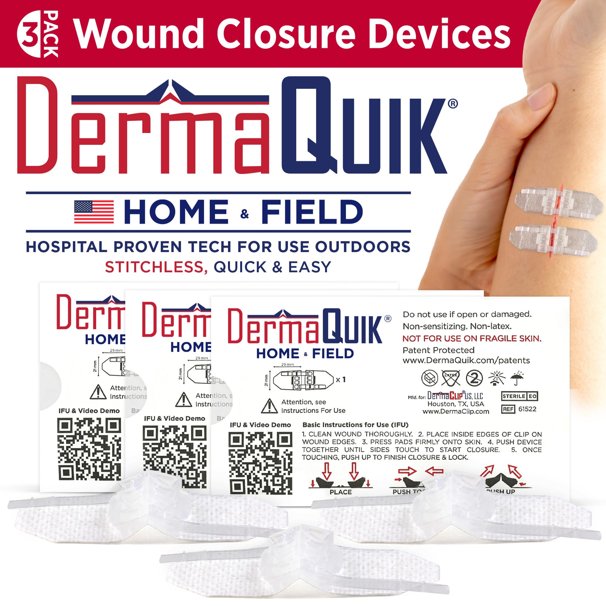 DermaQuik Home Wound Closure Strips – 3 Pack Patented Laceration Strips, Upgrade from Small Butterfly Bandages for Wound Closure, Breathable, Zip