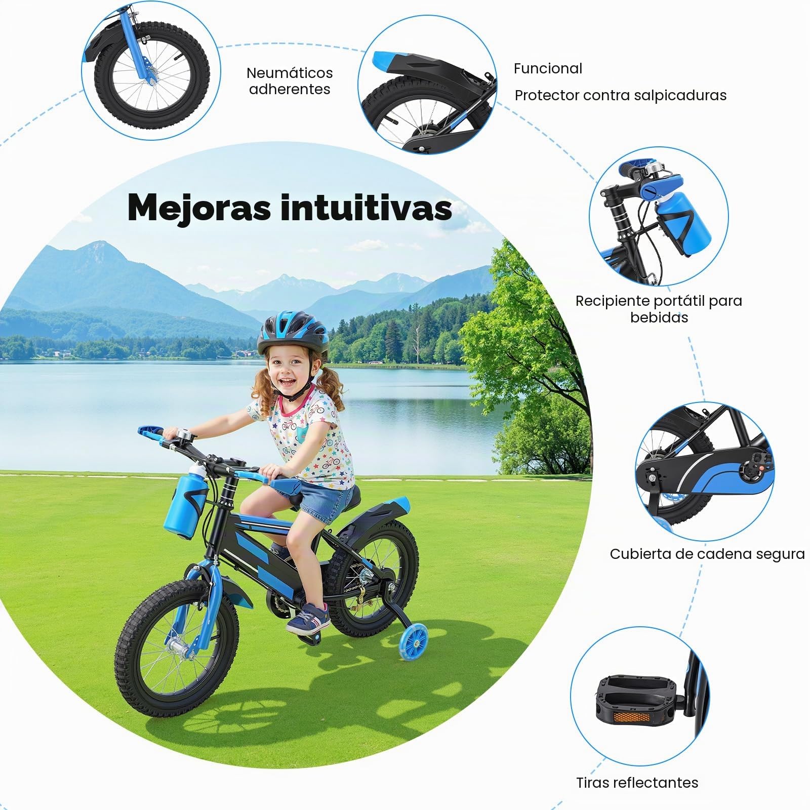 Bicicleta infantil de 14 pulgadas para niños de 3 a 7 años, bicicleta infantil ajustable con ruedines y botella, capacidad de carga 60 kg