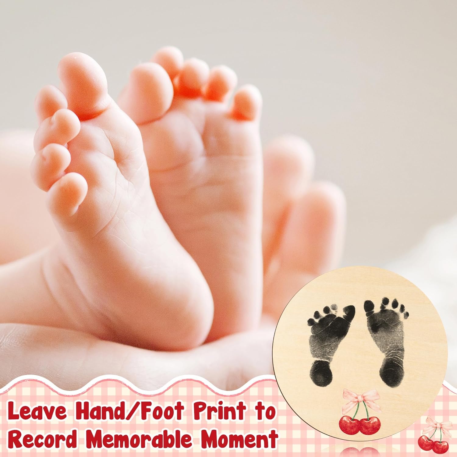 R HORSE Baby Announcement Sign with Ink Pad and Marker Pen Cherry Pink Bow Hello World Wooden Keepsake for Newborn Handprints Footprints Christening Shower Gift Double-Sided Name Plaque Welcome Sign - Image 4