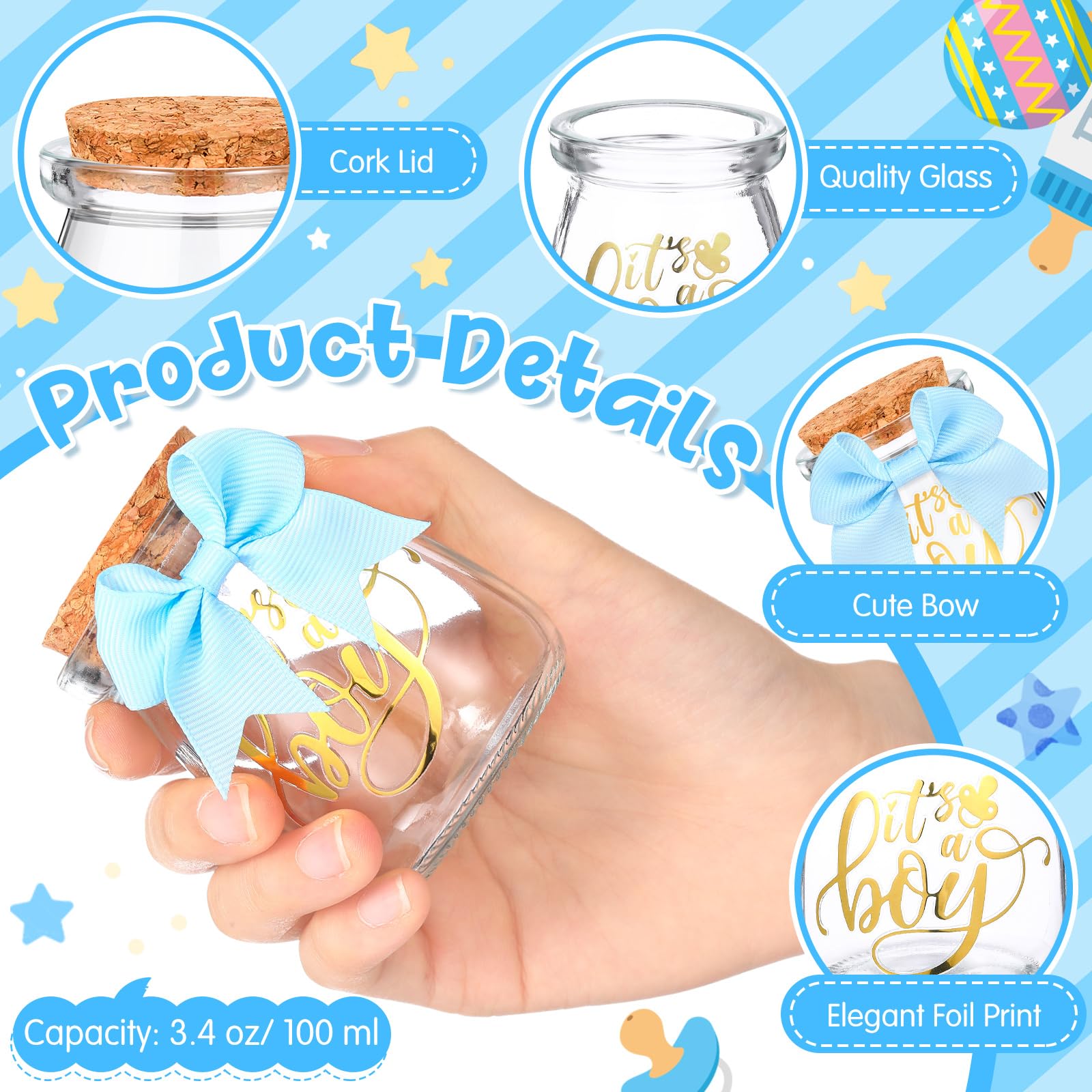 Funnymoom Glasflaschen für Babypartys, 100 ml, Milchglas mit Bändern und Aufklebern, Dekorationen für das Geschlecht, für Neugeborene, Partygeschenk, Blau, 24 Sets