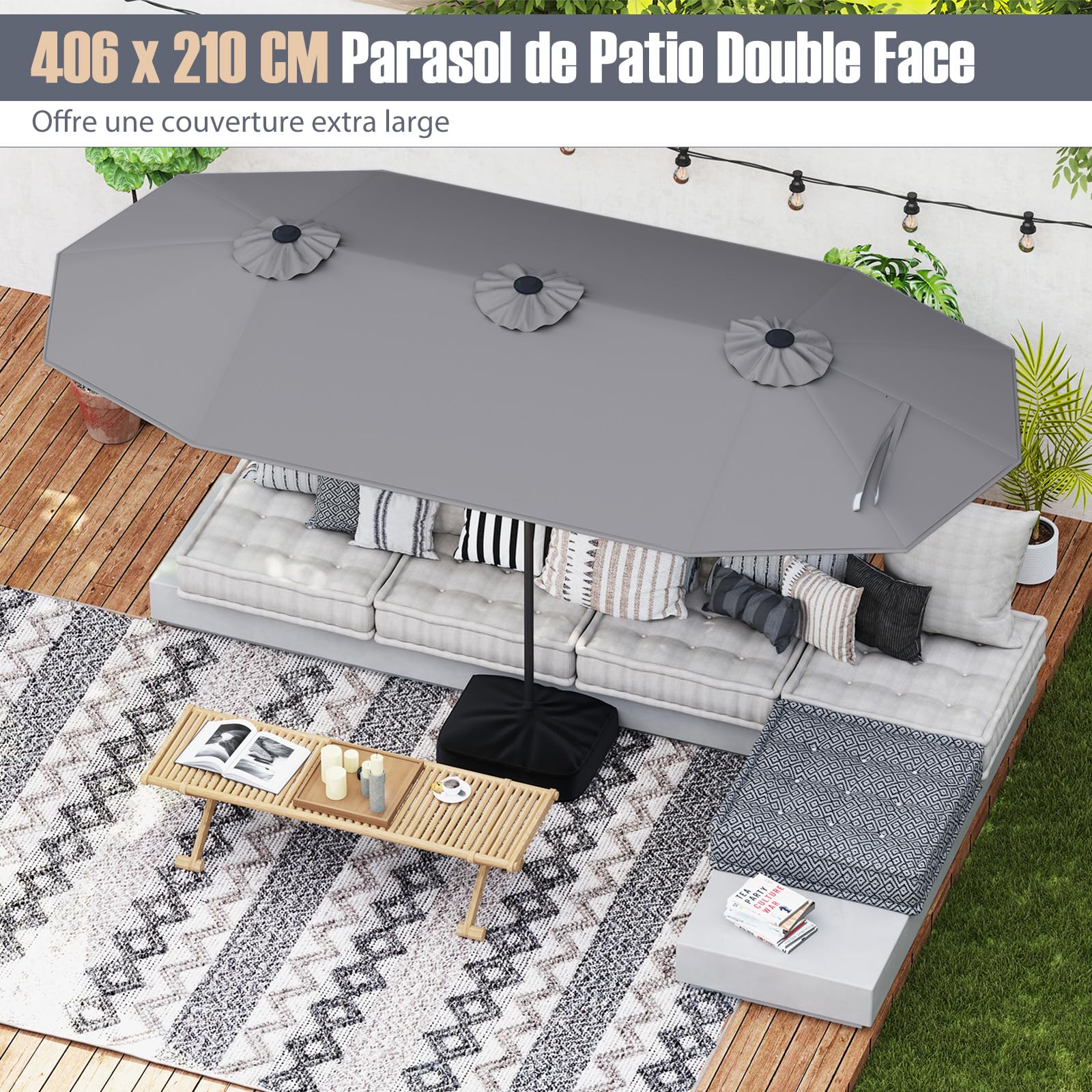 RELAX4LIFE Grand Parasol de Jardin Extérieur avec Pied | Parasol Double Terrasse à 12 Baleines | Manivelle | Polyester Résistant | Verrou de Sécurité | Protection UV pour Piscine Patio Marché (Gris)