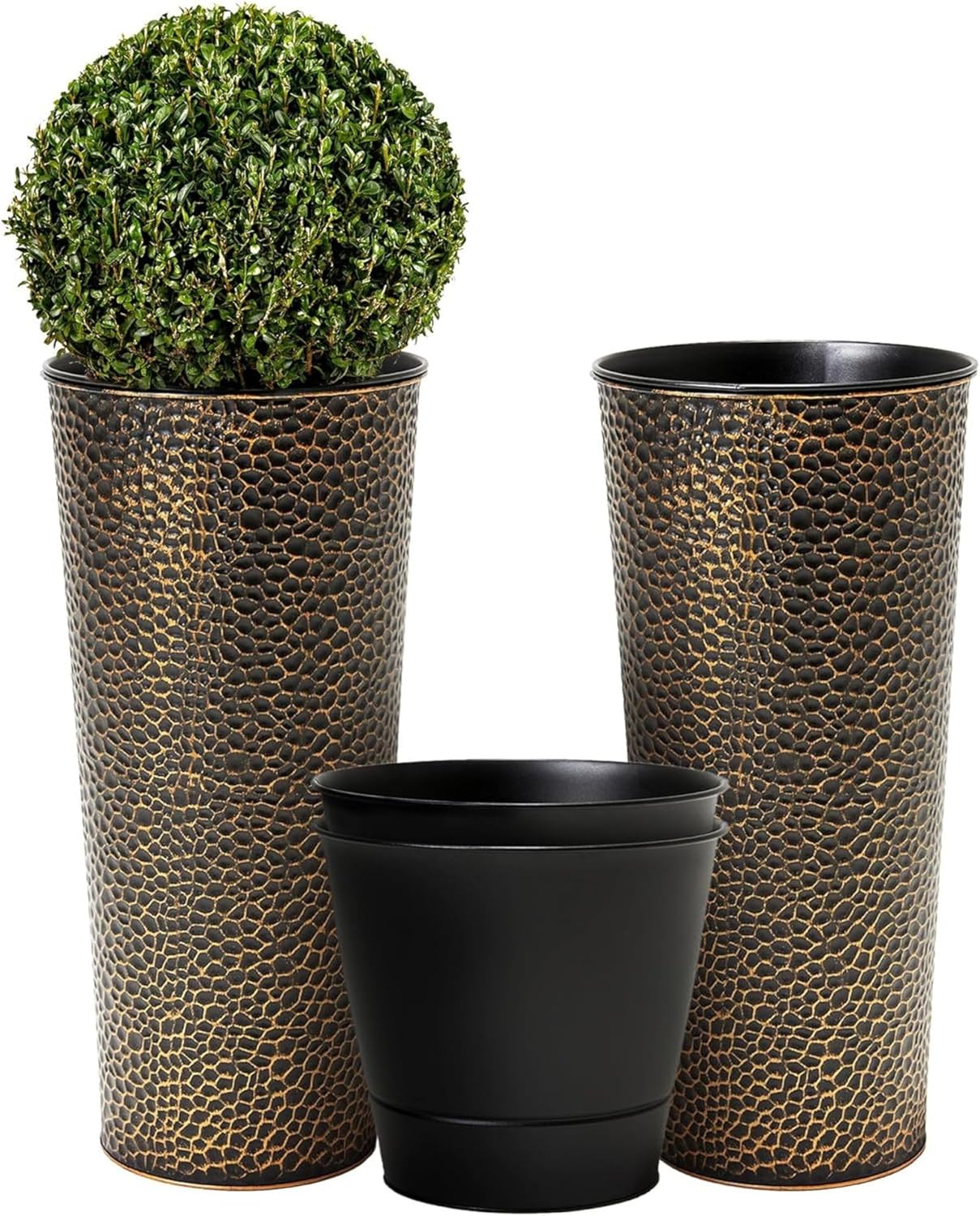 Worth 2 Pack 25" Tall Narrow Metal Planter with Inside Pot for Indoors or Outdoors, Deck, Patio or Front Porch, Hand-Hammered Texture, Bronze