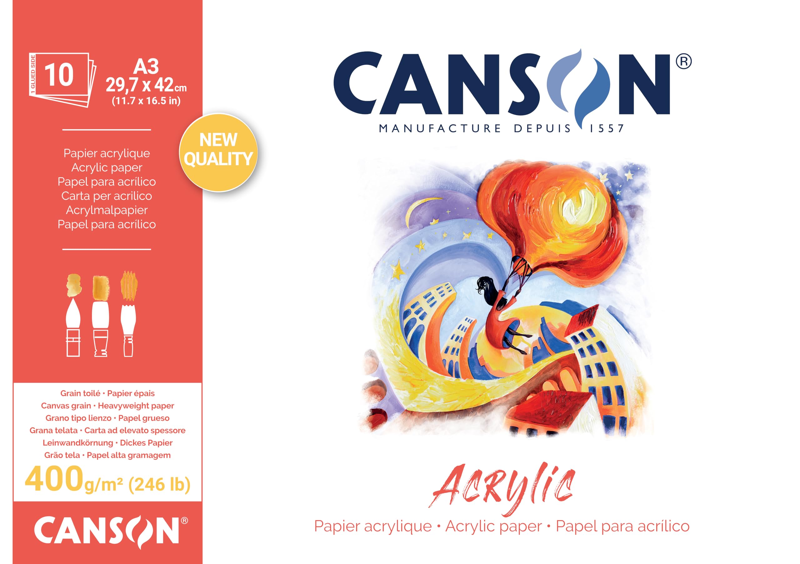 CANSON Acrylic, Acrylic Paper, Canvas Grain, 400gsm, Sheet, A3-29.7x42cm, Natural White, 10 Sheets