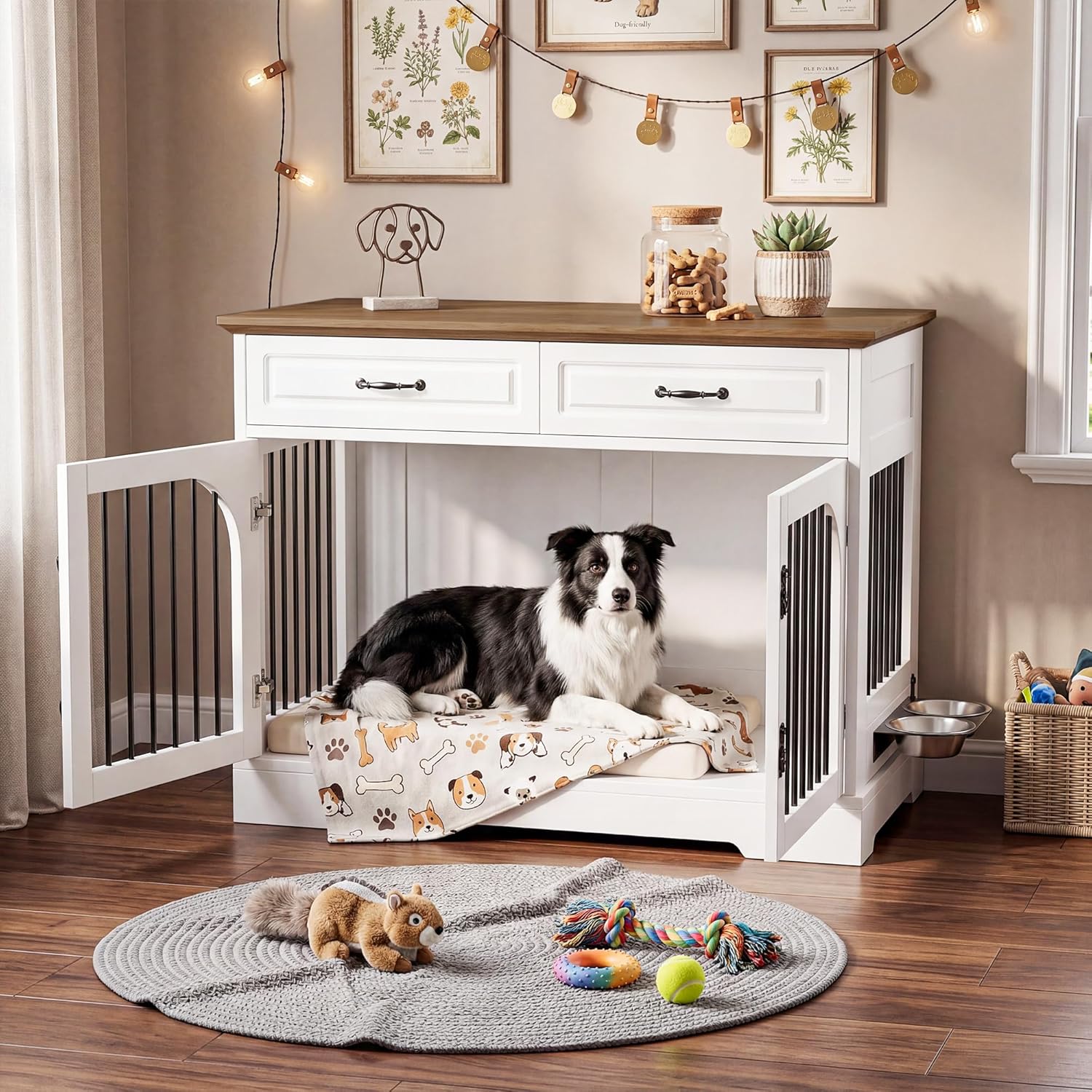 43" Large Dog Crate Furniture for Dogs 40-70 lbs, Farmhouse Dog Kennel with Rotating Bowls & 2 Drawers, Heavy Duty Dog Crate End Table for Golden Retriever & Labrador