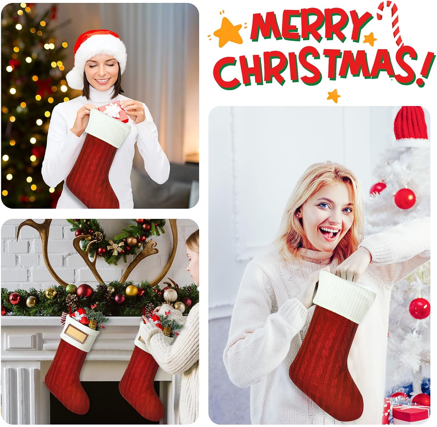 JellyArch 4 Pack Christmas Stockings with Personalized Name Tags, 18 Inches Large Knit Cable Xmas Stocking 2026 Christmas Hanging Stockings for Gift Fireplace Tree Mantel Decor(Red)