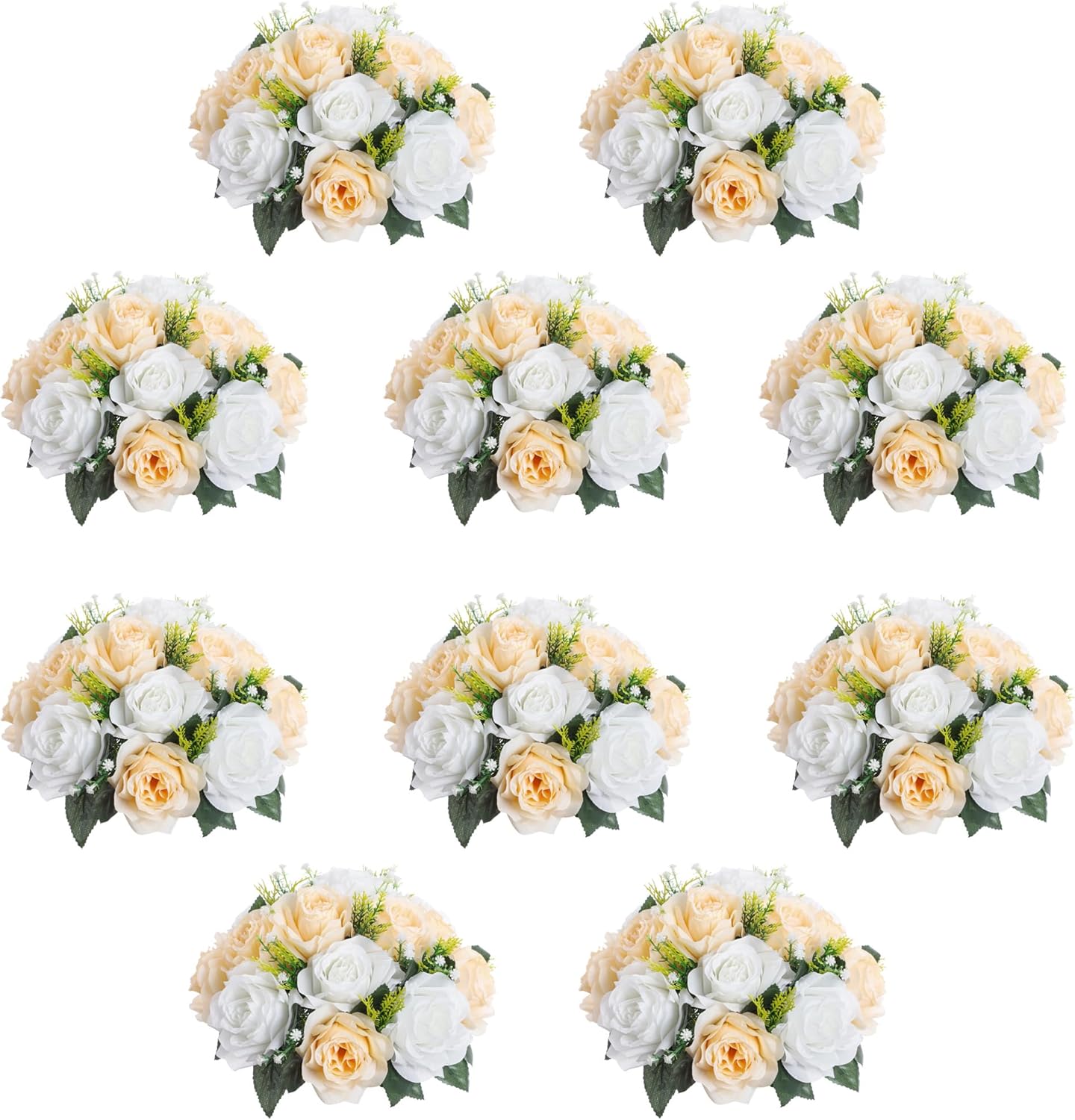 10Pcs Artificial Flower Ball Arrangement, 15 Flower Heads Wedding Roses Bouquet with Base Suitable for Parties Valentine's Day Wedding Centerpieces and Home Decor (Champagne & White)