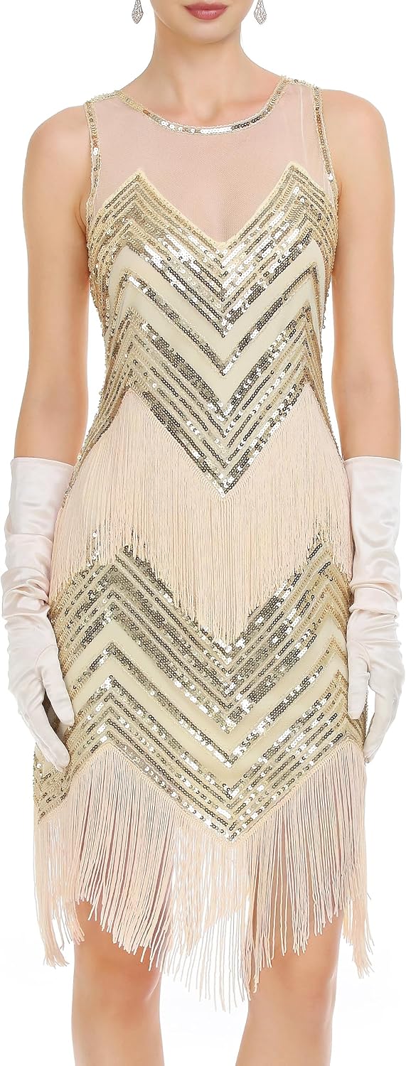 PrettyGuide 1920s Flapper Dresses for Women Sequin Beaded Art Deco Fringe Great Gatsby Cocktail Party Dress