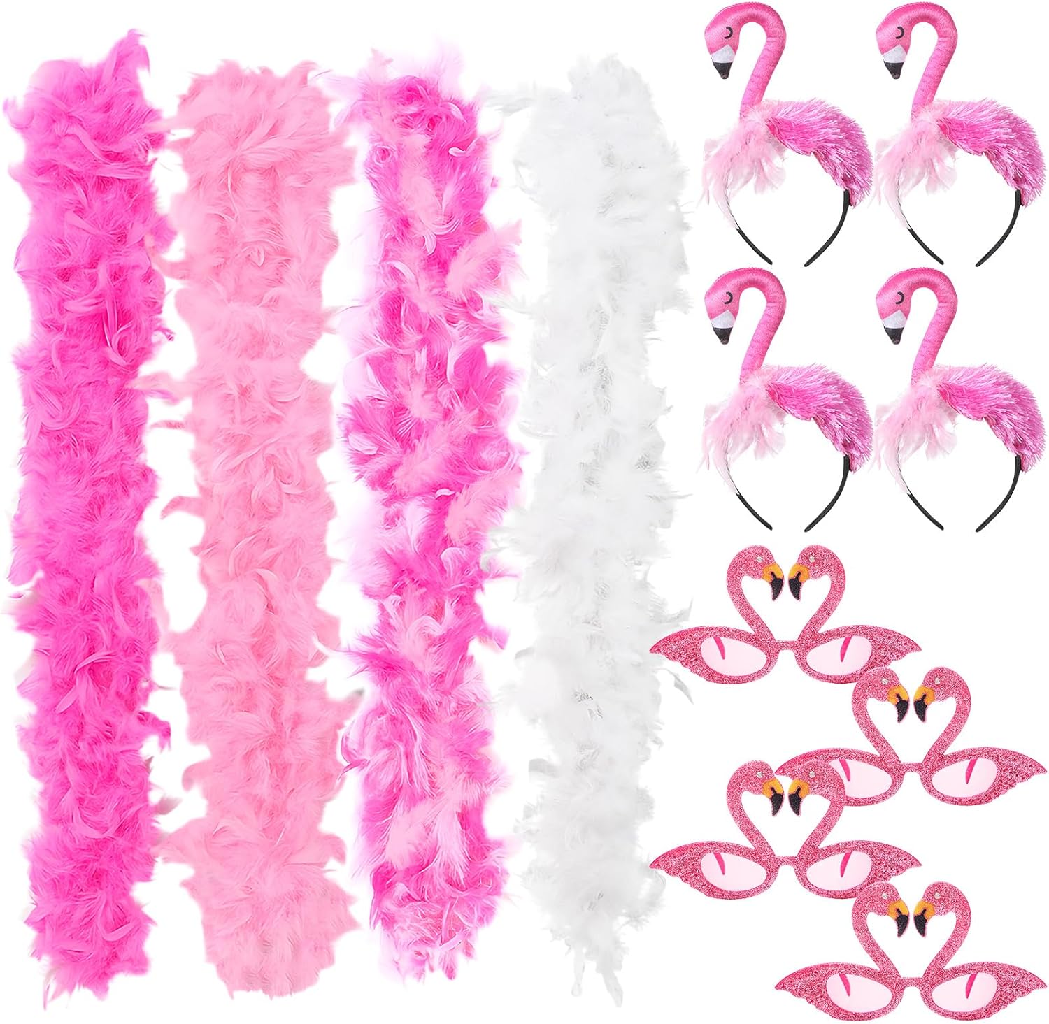 12 Pcs Hawaii Flamingo Party Costume Accessories, Pink Headband Feather Boa Sunglasses Set for Luau Tropical Beach