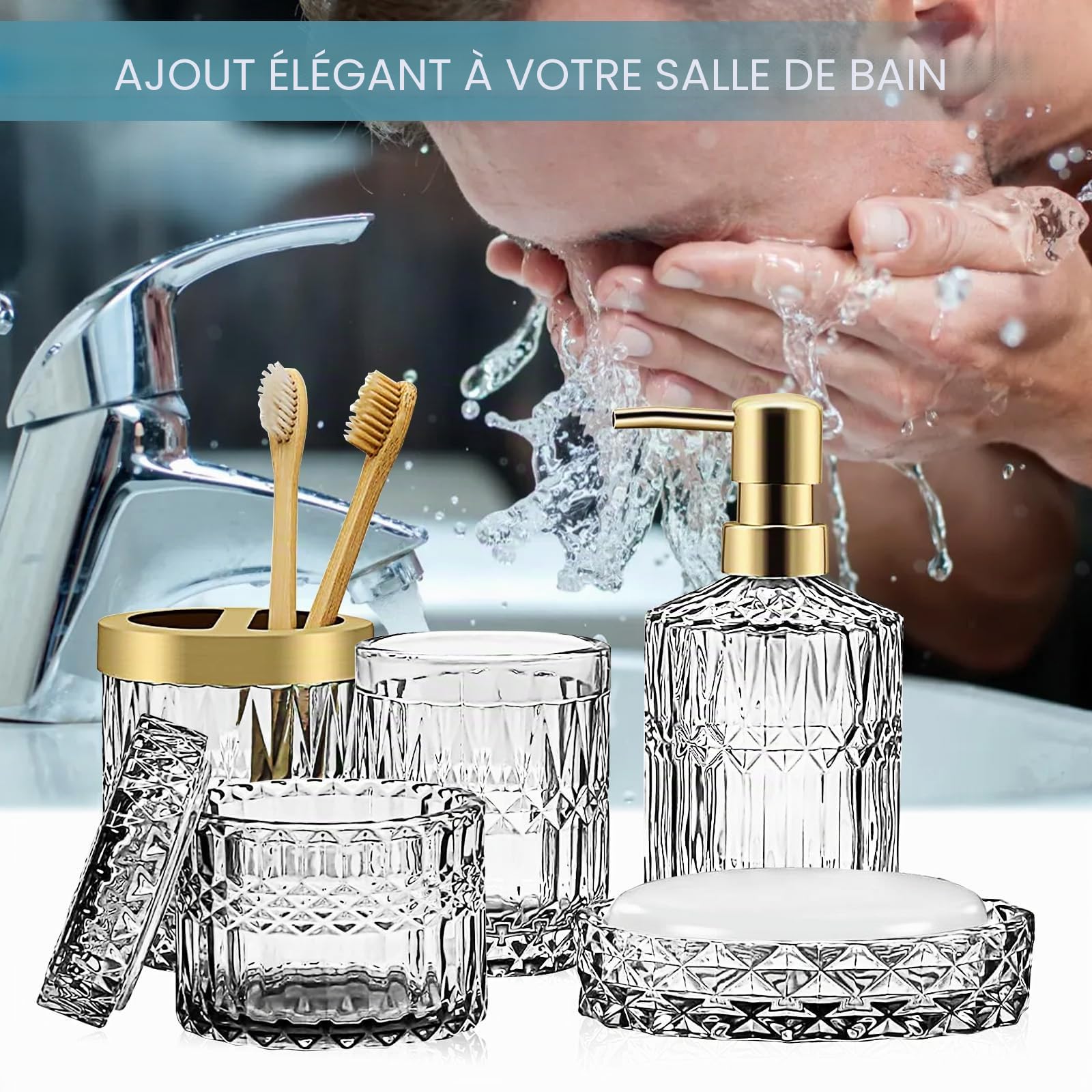 Lot de 5 accessoires de salle de bain en verre - Distributeur de lotion, porte-savon, porte-brosse à dents, gobelet, cotons-tiges - Pour salle de bain moderne - Cadeau vintage