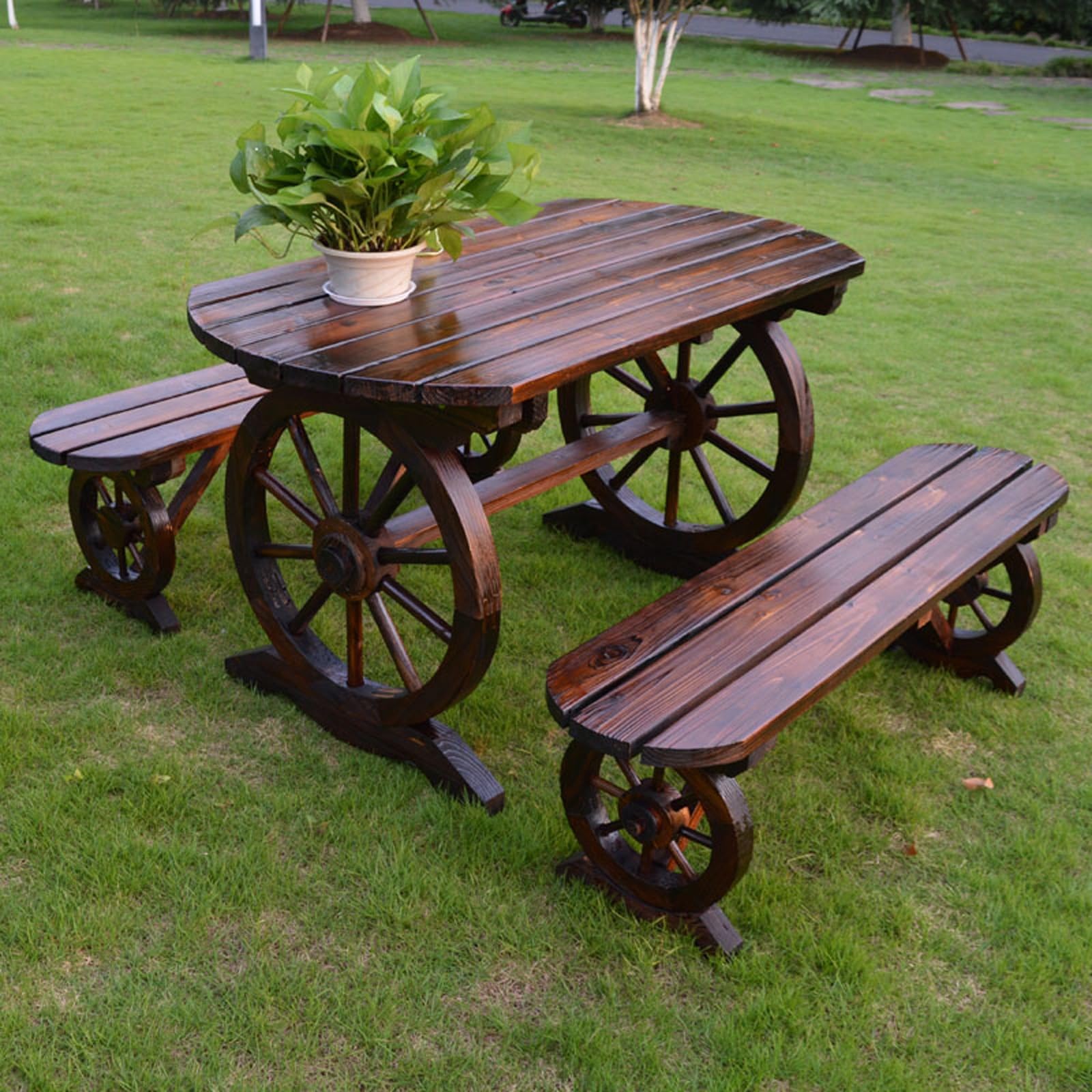 Panche da Esterno, Design Rustico a Ruota di Carro con 2 Panchine e 1 Tavolo, Panca Giardino in Legno di Pino Massello per Parco, Giardino, Cortile, Portico, Prato(140cm/55in)