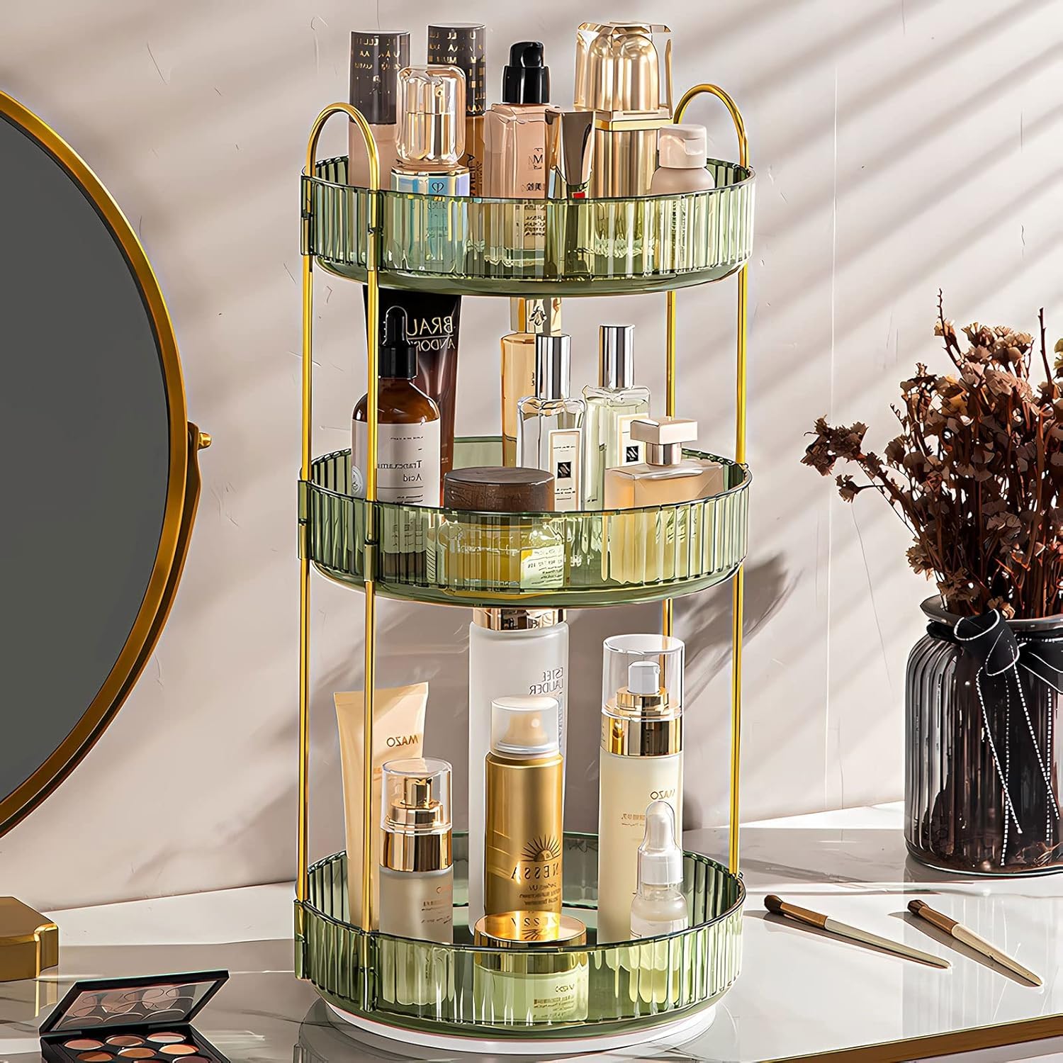 Nieifi KIMEE 3-Tier Rotating Makeup Organizer | 360 Degree Spinning Acrylic Cosmetic Storage Rack for Vanity & Dresser | Multipurpose Luxury Perfume, Skincare, Lotion & Lipstick Holder Stand (Green)-image-12