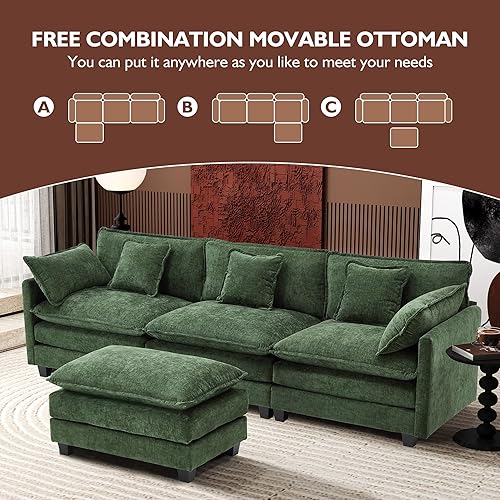 Miniatura 6 de Ihanherry 111.4" L Shaped Modern Sofa Modular Sectional Cloud Couch with Ottoman, 4-Seat Chenille Deep Seat Sofa with Pillow for Living Room,
