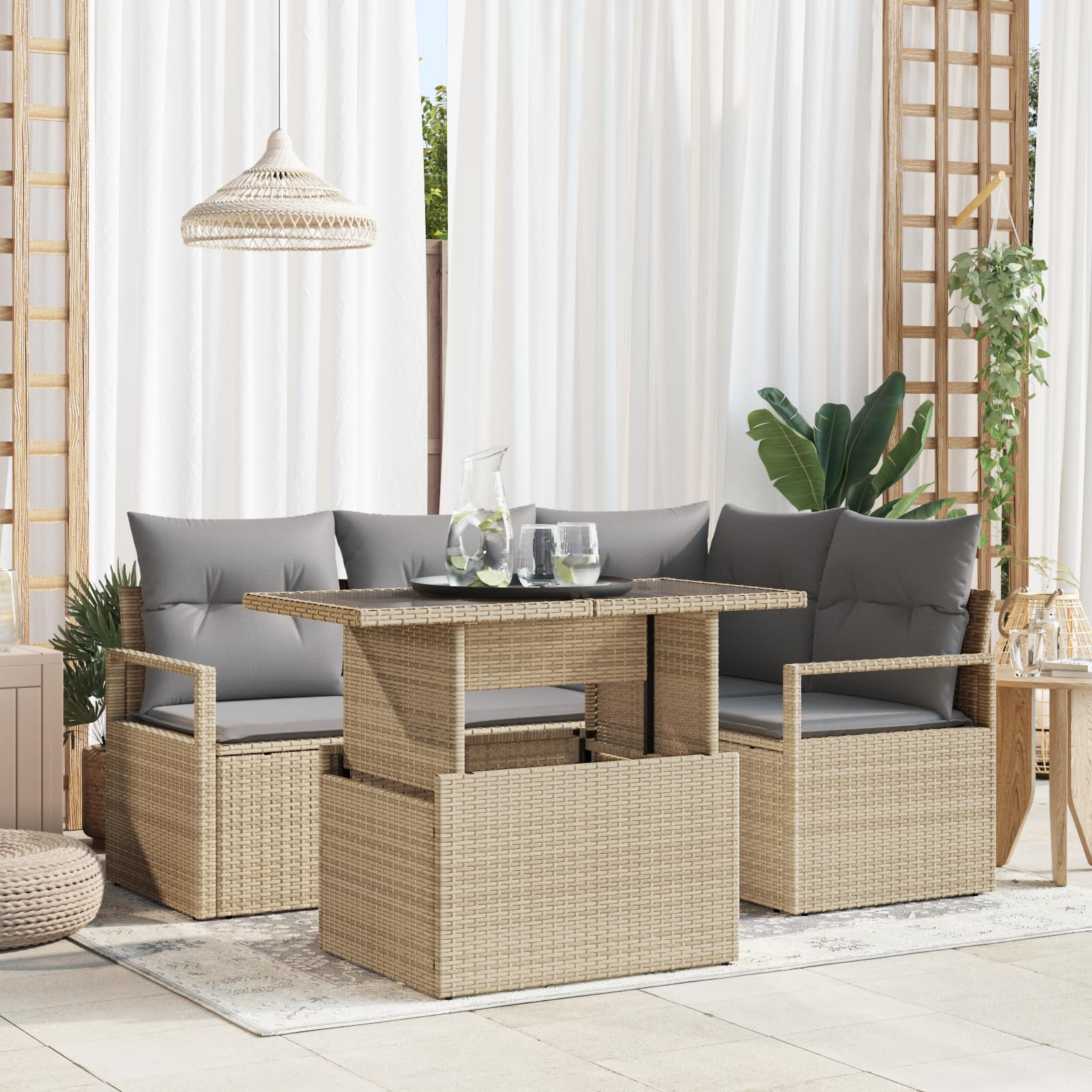 5-częściowy zestaw mebli ogrodowych z poduszkami, beżowy, polirattanowy, meble ogrodowe, meble relaksacyjne, meble tarasowe, modułowa sofa ogrodowa, zestaw tapicerowany