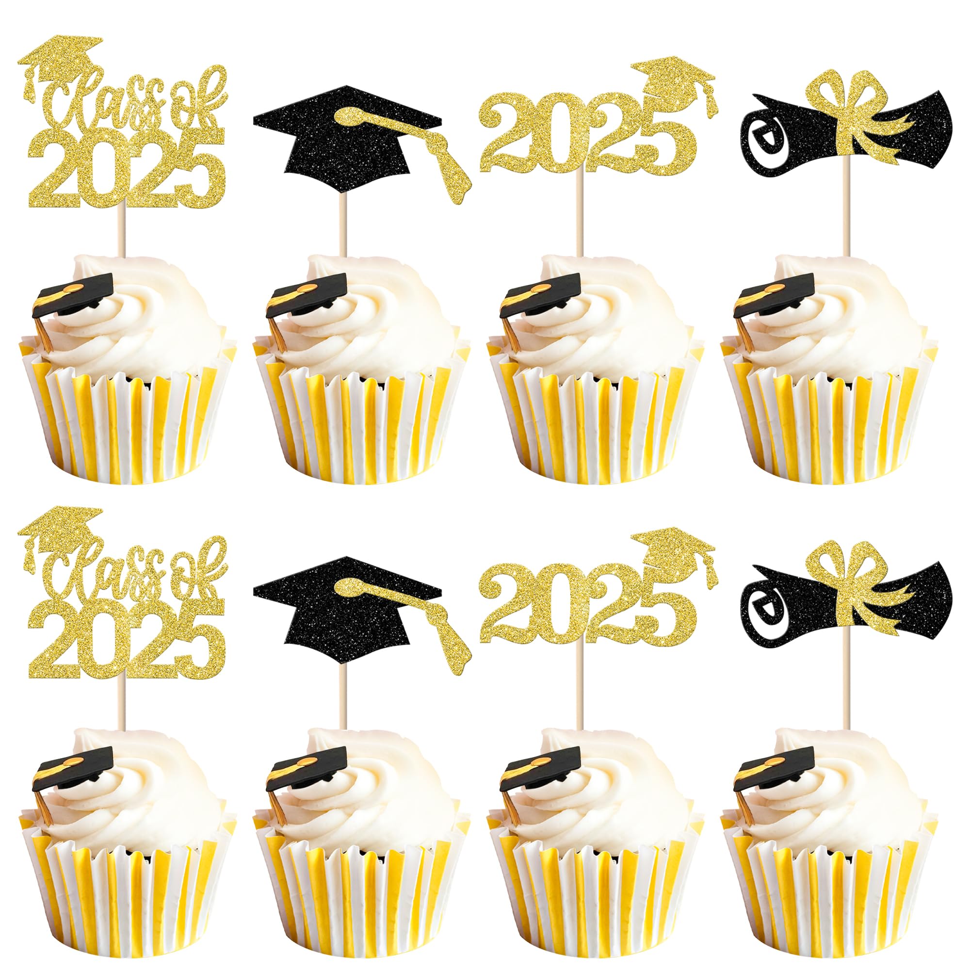 Xsstarmi 36 Pack 2026 Graduation Theme Cupcake Toppers Gold Glitter Class of 2026 Grad Cap Diploma Cupcake Picks for 2026 Graduation Theme Party Cake Decorations
