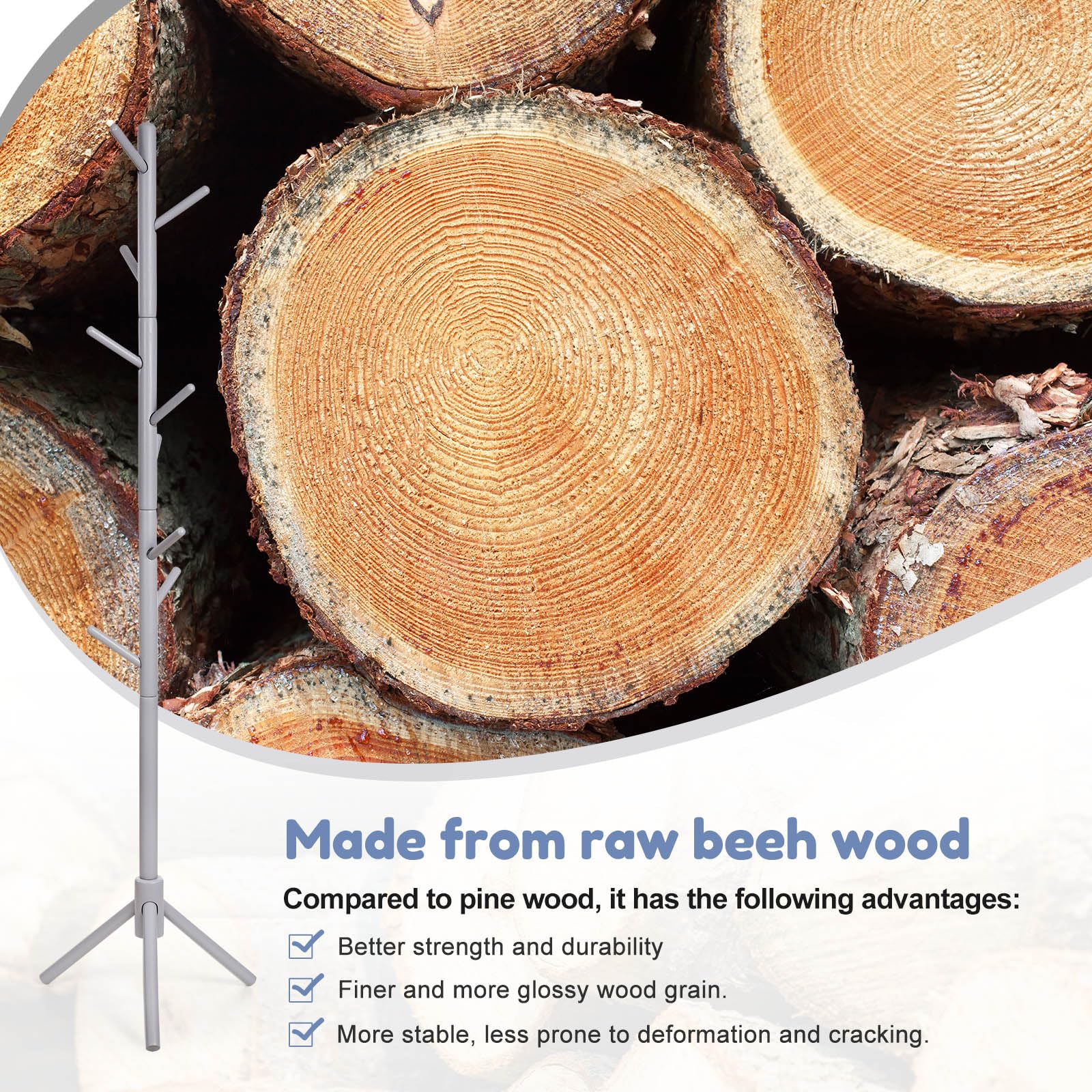 Kid's Coat Rack Stand Beech Wood Clothes Tree, Height Adjustable Freestanding Child Jacket Holder with 9 Hooks, Hanging Hats and Handbags, Hallway, Entryway,Bedroom, Easy Assembly(White)