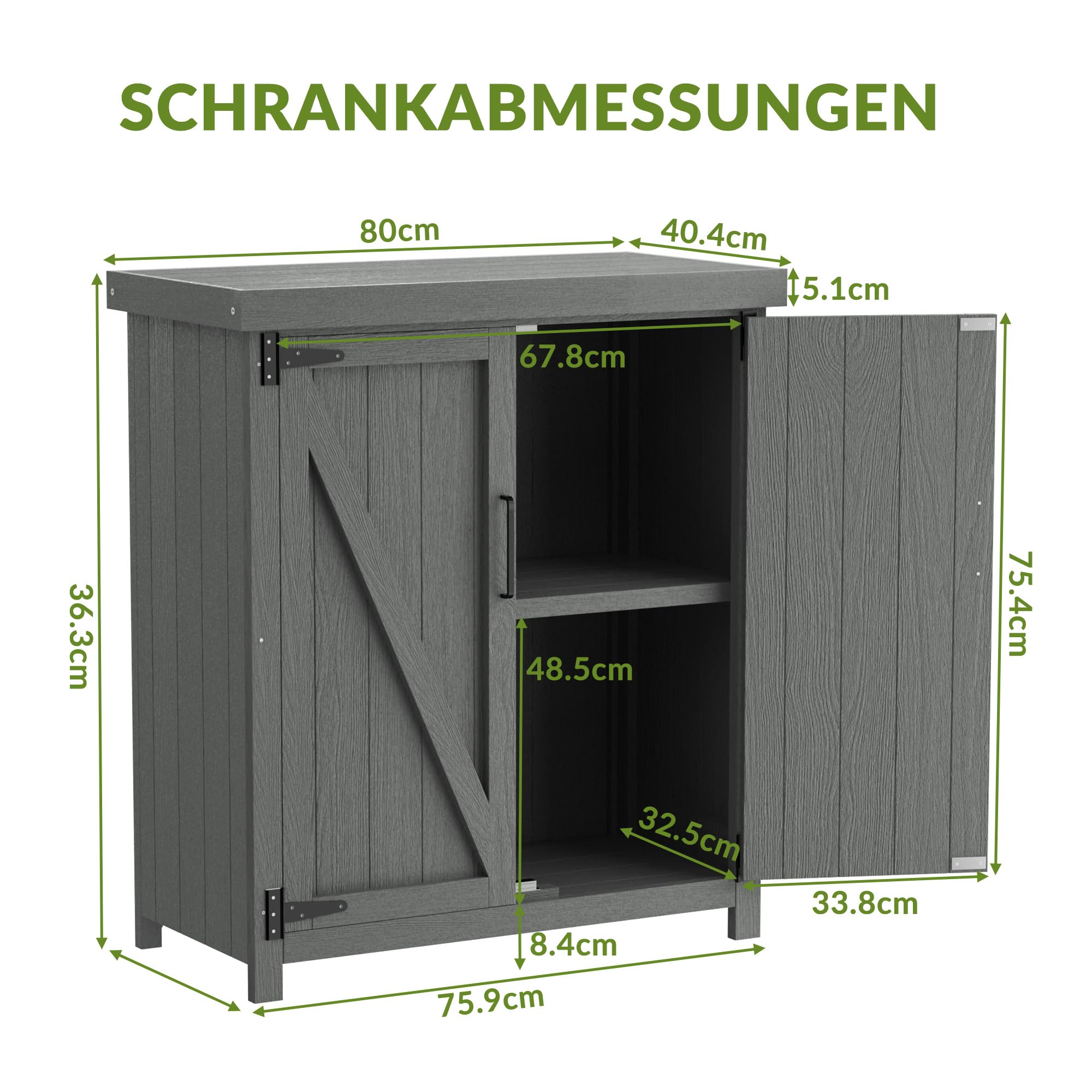 Outdoor Schrank Wetterfest, Gartenschrank, Robuster Aufbewahrungsschrank aus hochwertigem Holz-Kunststoff (HIPS) – Pflegeleicht, UV-beständig & langlebig – Ideal für Garten, Balkon & Terrasse