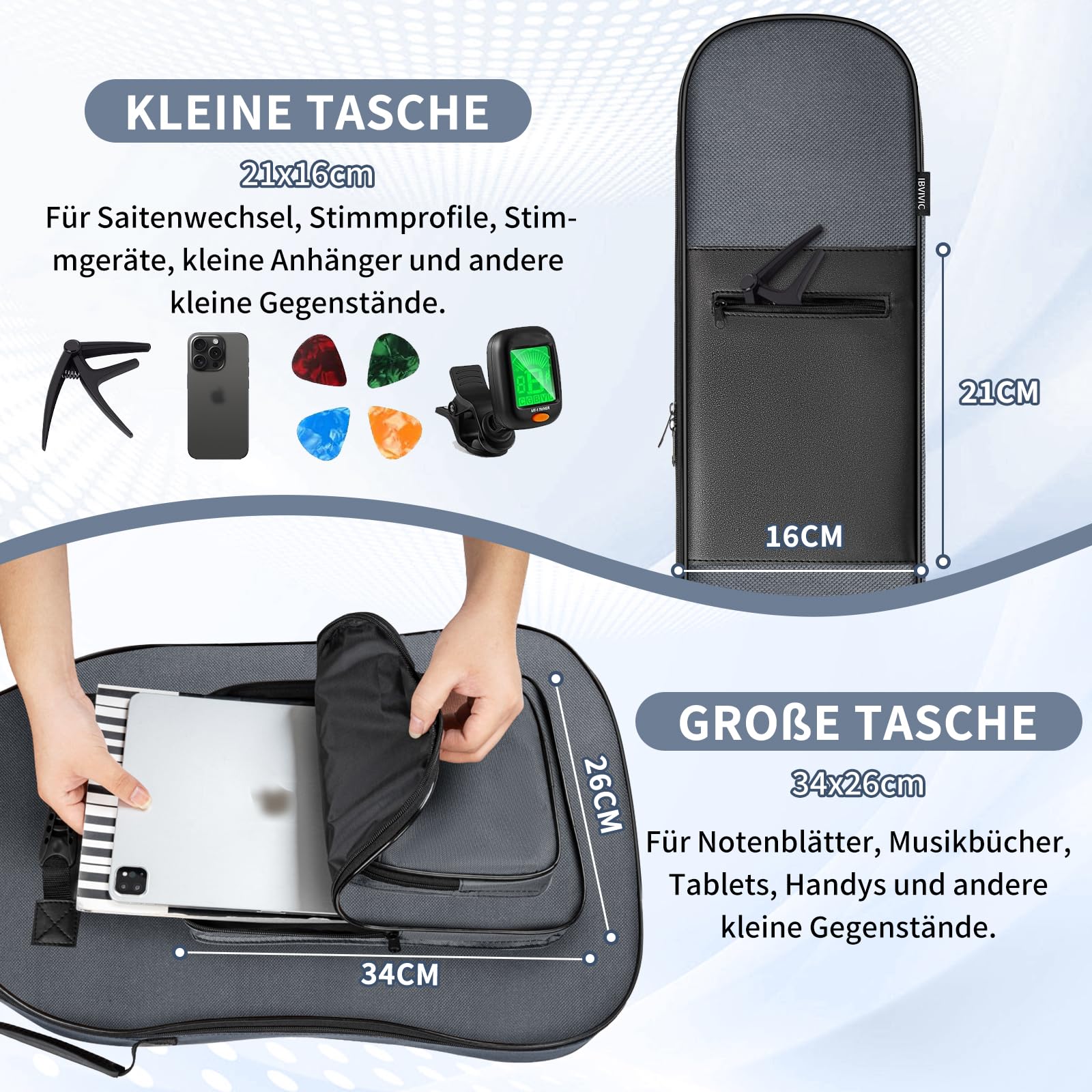OUUTMEE 48 Zoll Tasche für E-Bass 124 x 41 x 6 cm E-Bass Tasche Verstellbare Schultergurte E-Bass-Auftrittspaket 5 mm Perlenwattepad 600D Oxford-Tuch，Grau