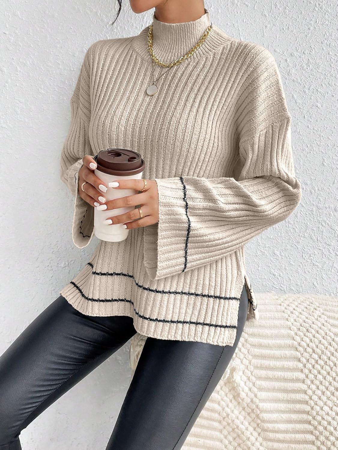 Knit Sweater for Women Striped Oversized Batwing Long Sleeve Drop Shoulder Pullover Trendy Sweaters for Dressy Casual - Image 3