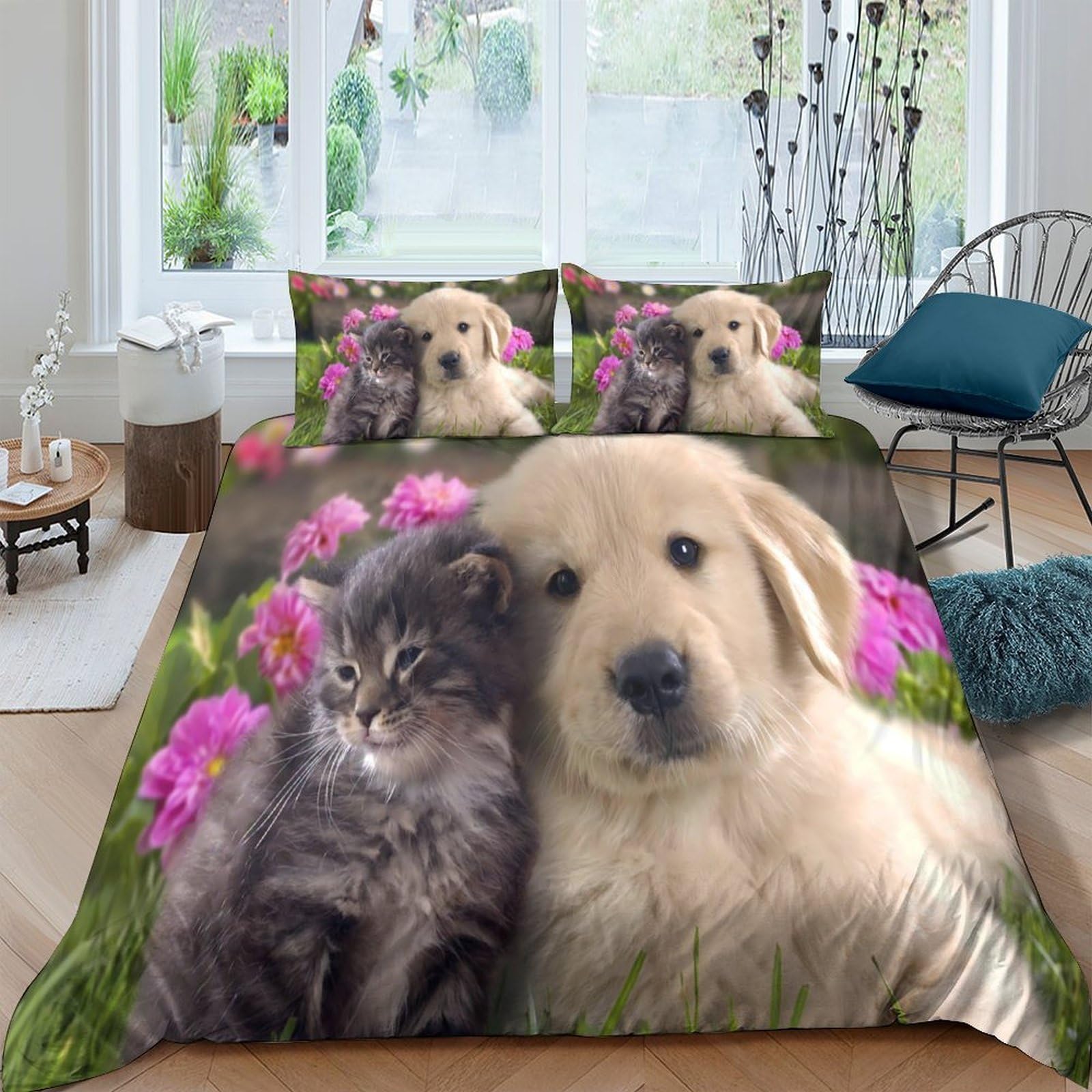 Ctjqhvkz Style-3 3D Printed Puppy And Kitten Fitted Sheet Microfiber Soft Washable Floral Bed Cover For Bedroom Guest Room Decor Single（135X200cm）