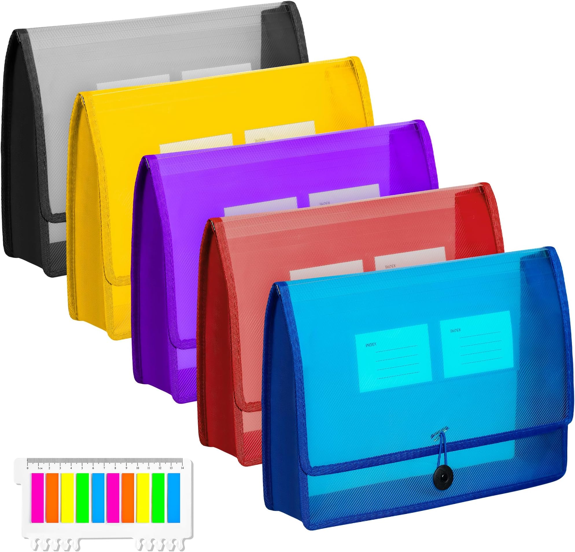 CHEPULA5 Pack A4 Plastic File Wallet Envelope Expanding File Folder Document Organizer with Snap Closure & Label Pocket Clear Colored Waterproof Accordion File Pouch for Office Home