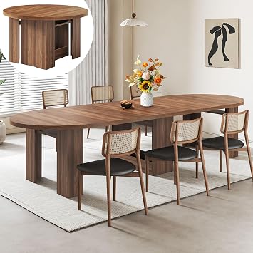 Extendable Round to Oval Dining Table, 47"-118" Wooden Expandable Kitchen Dinner Table with 8 Leaves, 4-12 People Farmhouse Folding Space Saving Console Table for Living Room