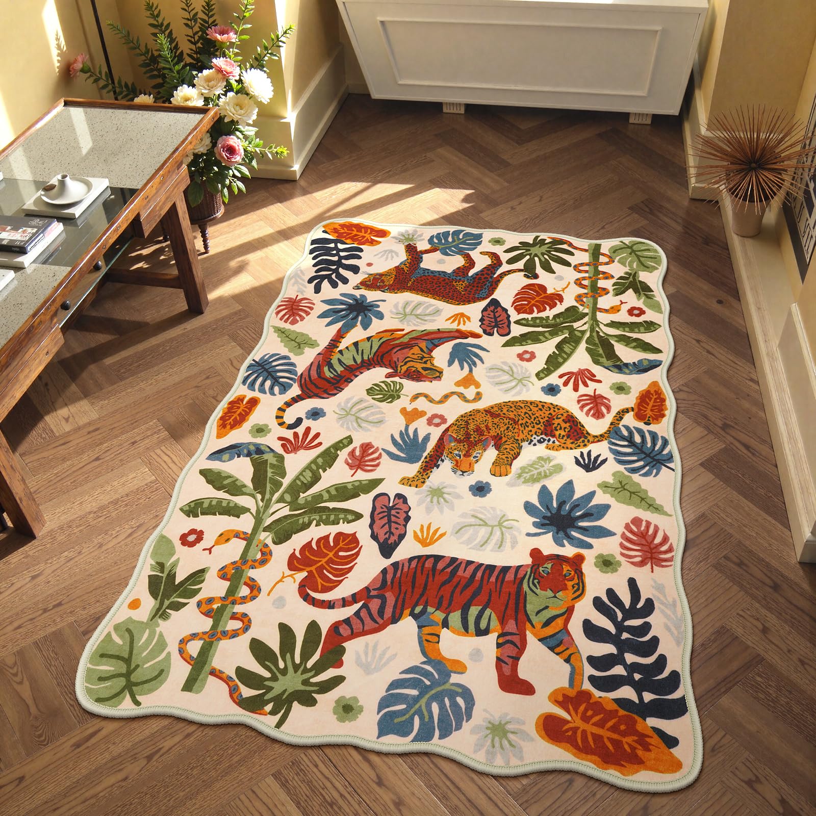 LEEVAN 3x5 Bedroom Rug Washable Tiger Kitchen Rugs Non Slip Beige Entryway Mat Scalloped Office Floor Pad Leopard Living Room Rug Low Pile Playroom