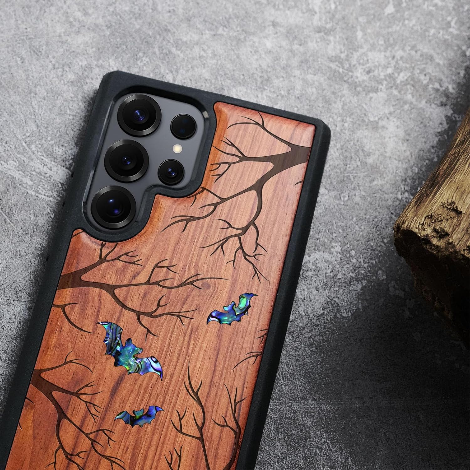 Carveit Magnetic Wooden Case for Samsung Galaxy S25 Ultra Case, Wood Artisan Engraved & Handmade Shell Inlaid, Compatible with MagSafe Wireless Chargers (Bats Amidst Moonlit Branches) Rosy
