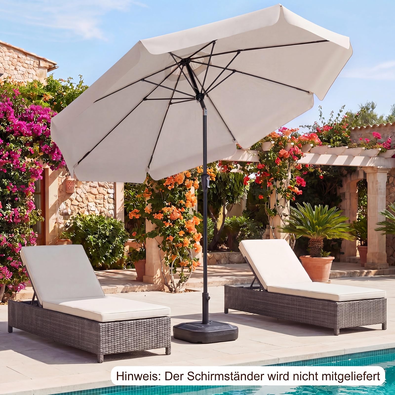 COSTWAY Sonnenschirm 300 cm, Gartenschirm mit Volant & Kurbel, beidseitig um 30° knickbar, Balkonschirm mit 8 Glasfaser-Rippen, Terrassenschirm, Marktschirm für Garten, Balkon, Terrasse (Beige)