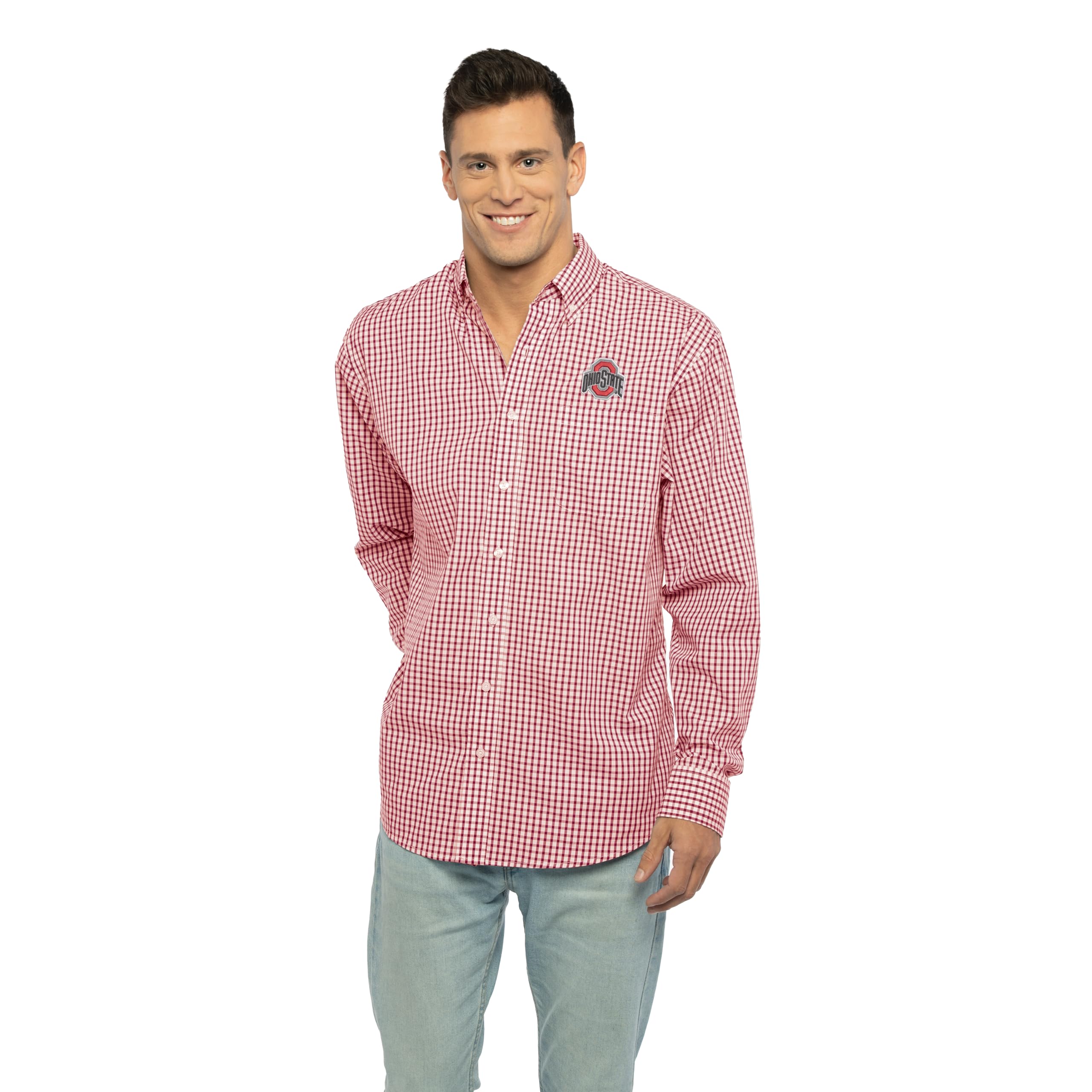 Vantage Apparel Men's Collegiate Easy-Care Long Sleeve Gingham Check Button Down Shirt, Ohio State Buckeyes, Red, X-Large